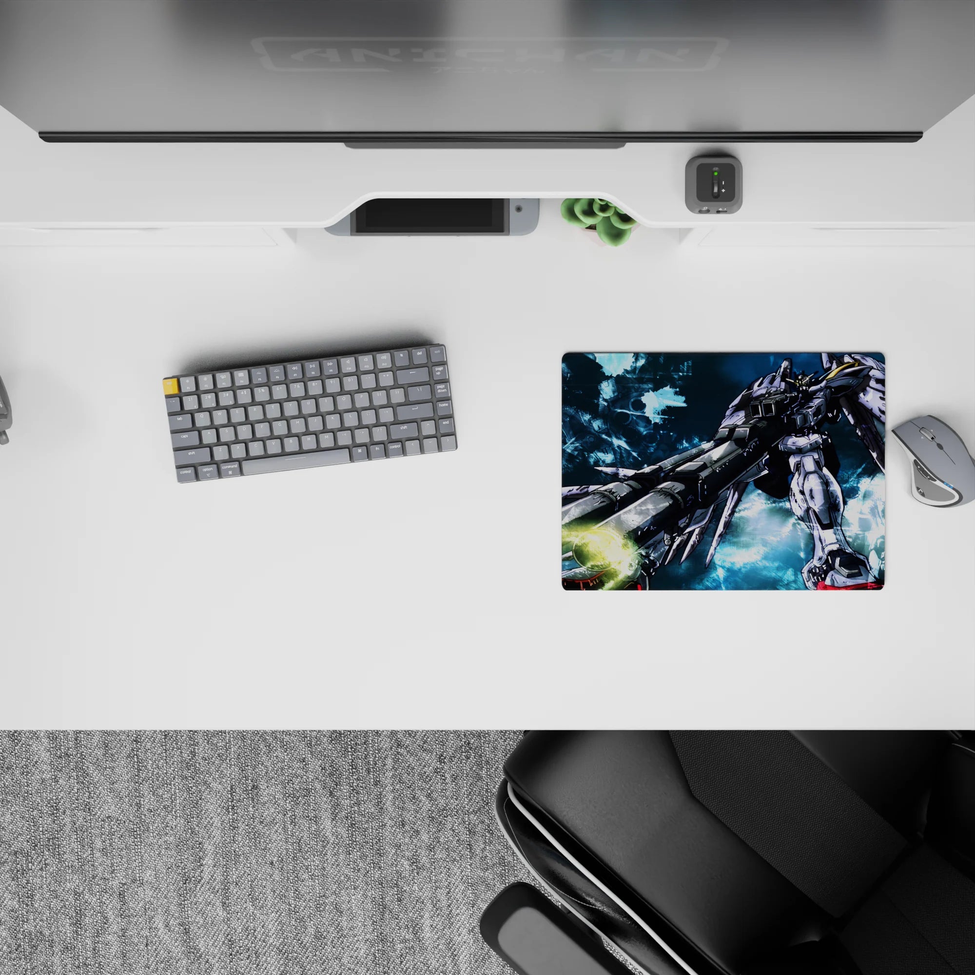Blue smoky action background on a 14x10 inches anime mouse pad, white armor pops with battle scuffs.