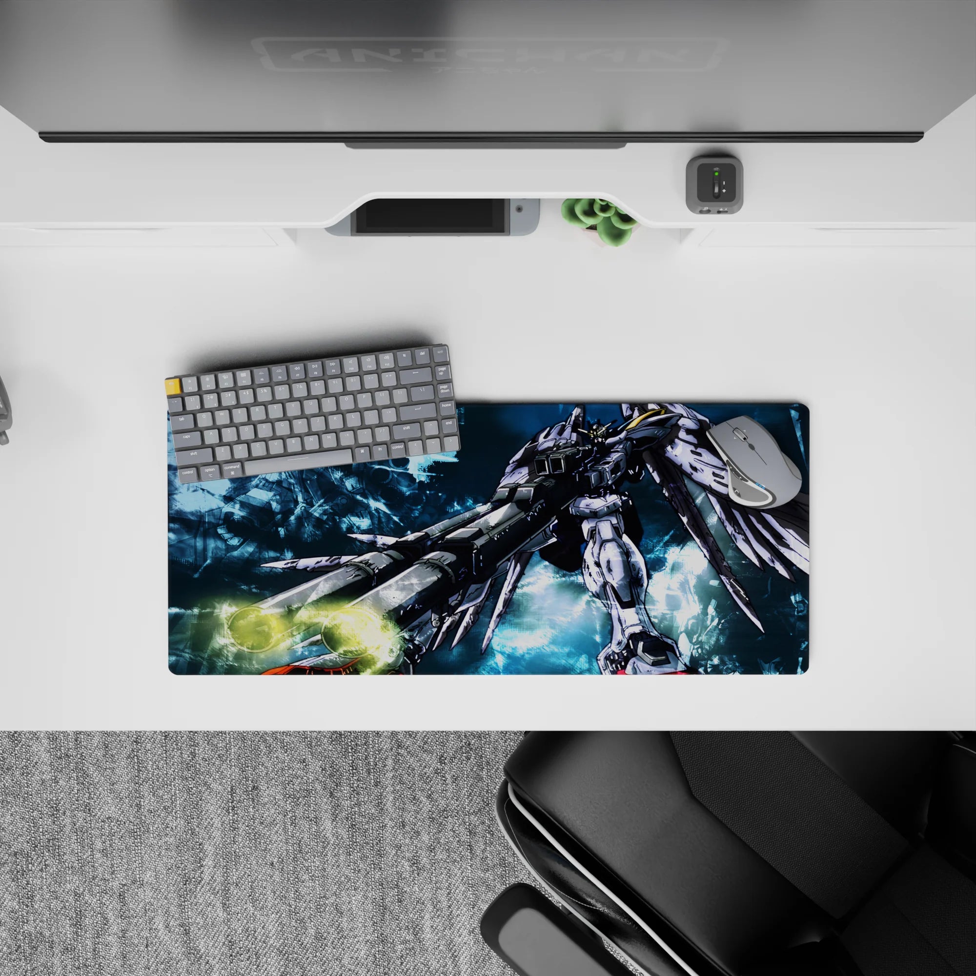 28x12 inches anime mouse pad in cool blues and smoky textures, white armor pop, late-night queue vibe.