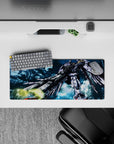 28x12 inches anime mouse pad in cool blues and smoky textures, white armor pop, late-night queue vibe.