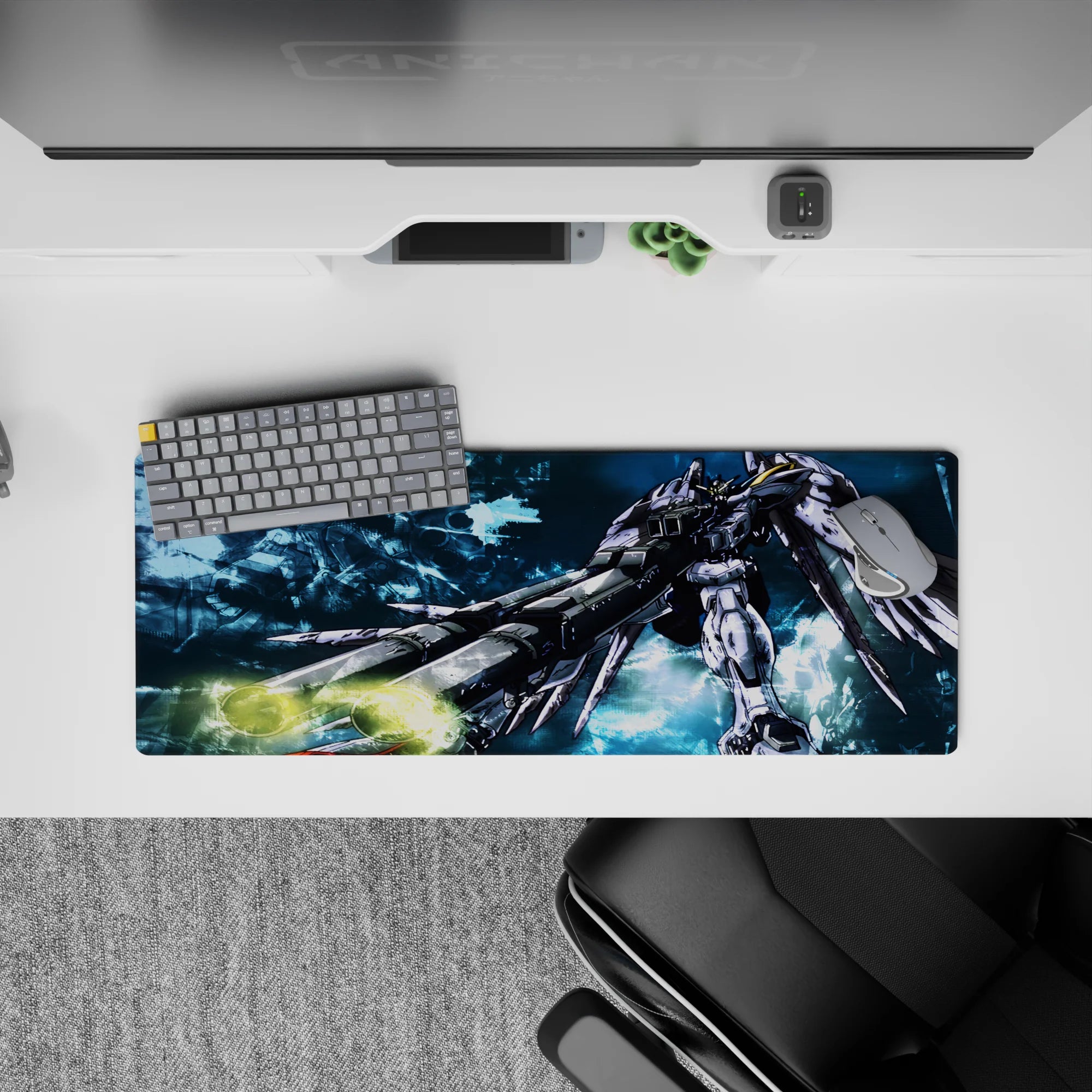 32x12 inches anime mouse pad in cool blues with smoky brush textures and sharp ink shadows for a late-night vibe.