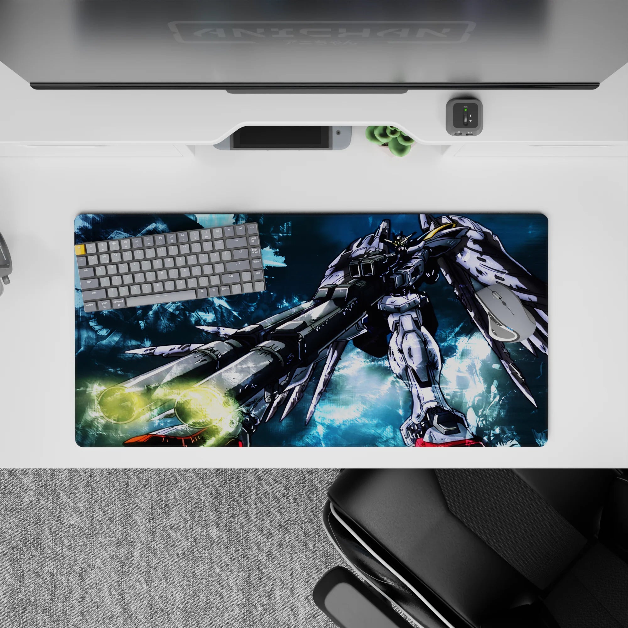 32x16 inches anime mouse pad in cool blues and smoky textures, high-contrast ink shadows, late-night vibe.
