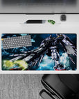 32x16 inches anime mouse pad in cool blues and smoky textures, high-contrast ink shadows, late-night vibe.