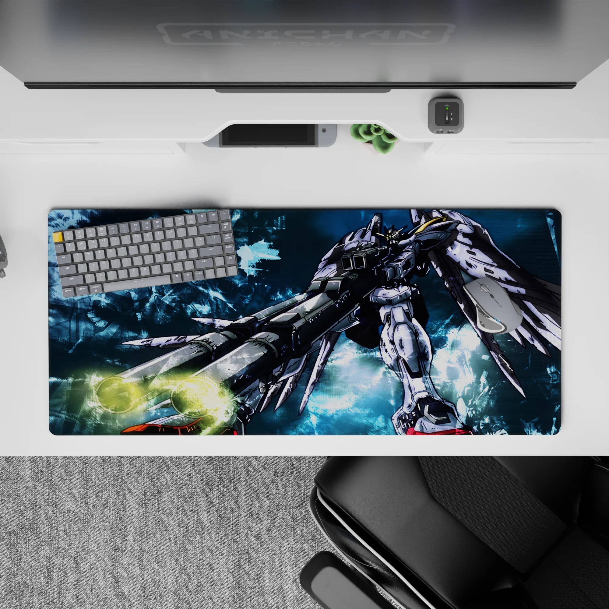 36x16 inches anime desk pad in cool blues and smoky textures, sharp white armor contrast for late-night gaming.