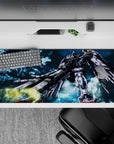 36x16 inches anime desk pad in cool blues and smoky textures, sharp white armor contrast for late-night gaming.