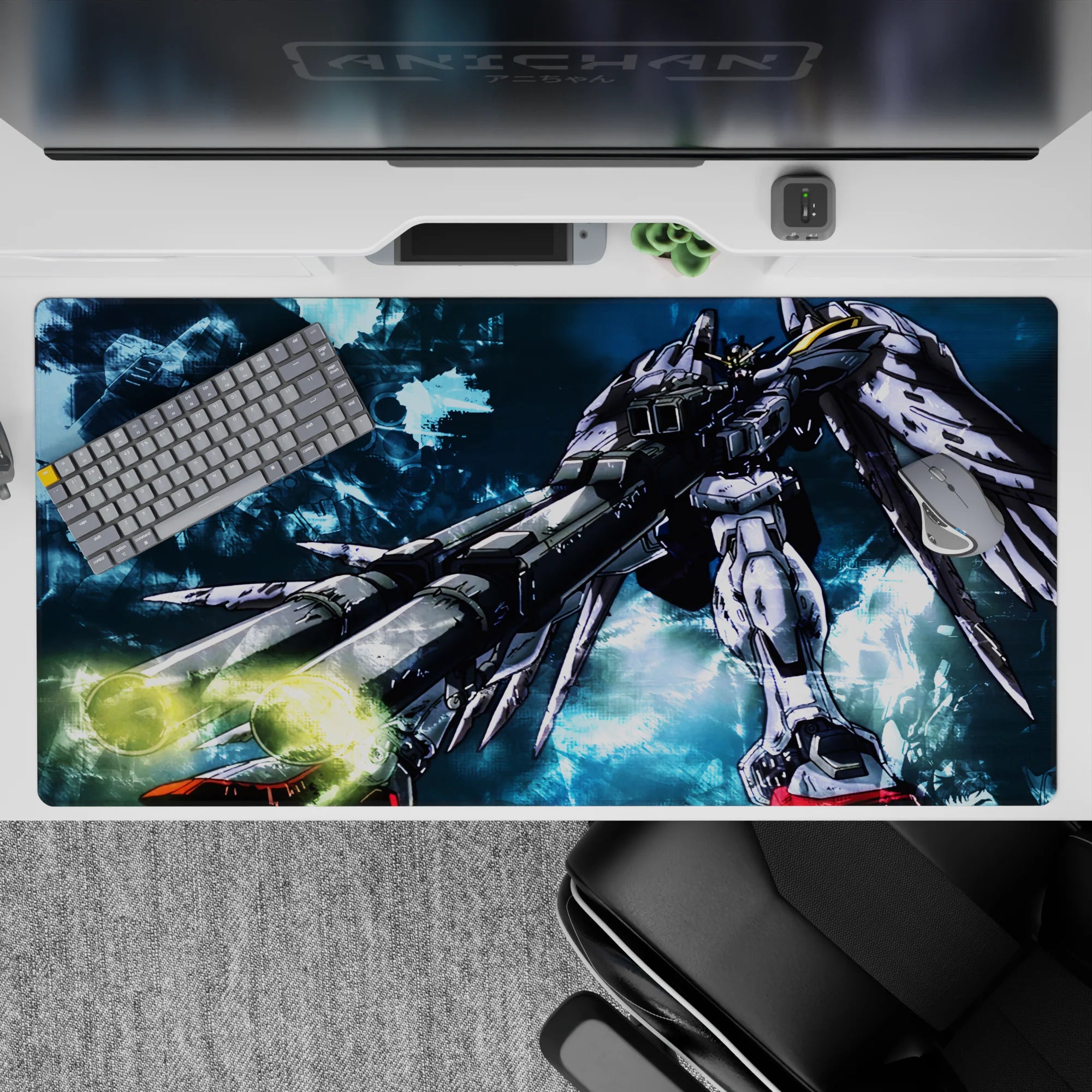 Cool blue smoky textured anime desk pad 40x20 inches with sharp ink shadows and late-night queue energy.