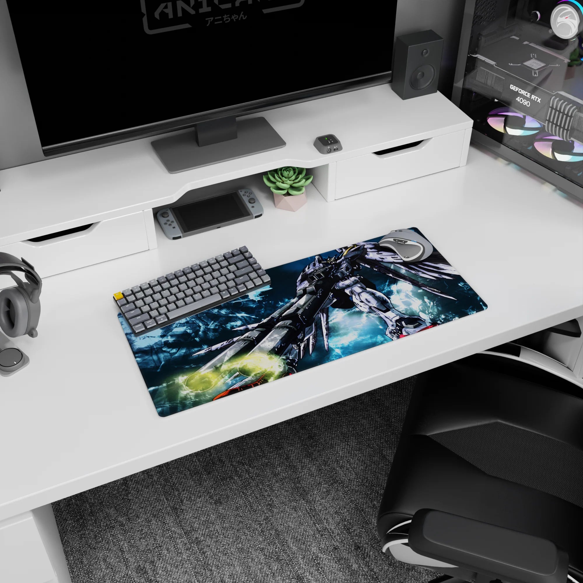 28x12 inches anime mouse pad featuring Gundam Wing Zero aiming twin blasters at the desk, battle scuffs.