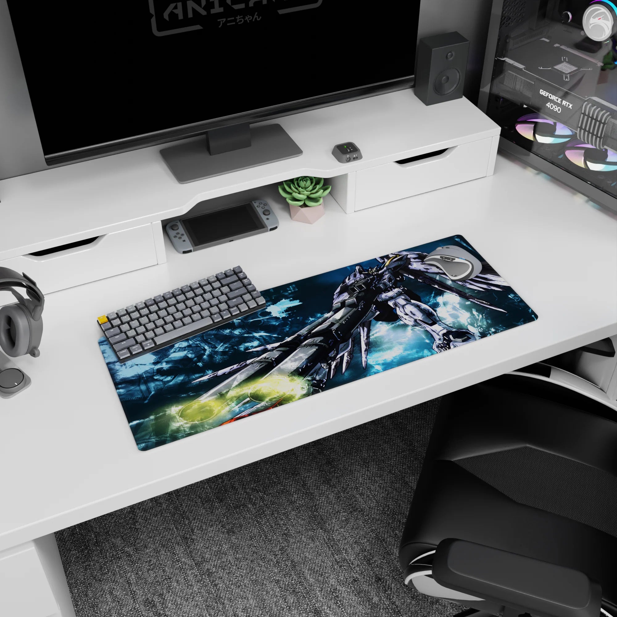 32x12 inches anime mouse pad of Gundam Wing Zero aiming twin blasters at the desk, wings spread wide.