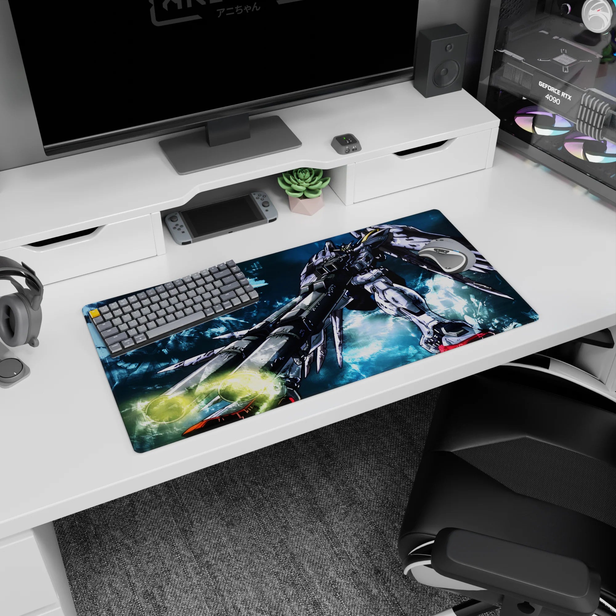 32x16 inches anime mouse pad showing Gundam Wing Zero aiming twin blasters at the desk, cannons lit.