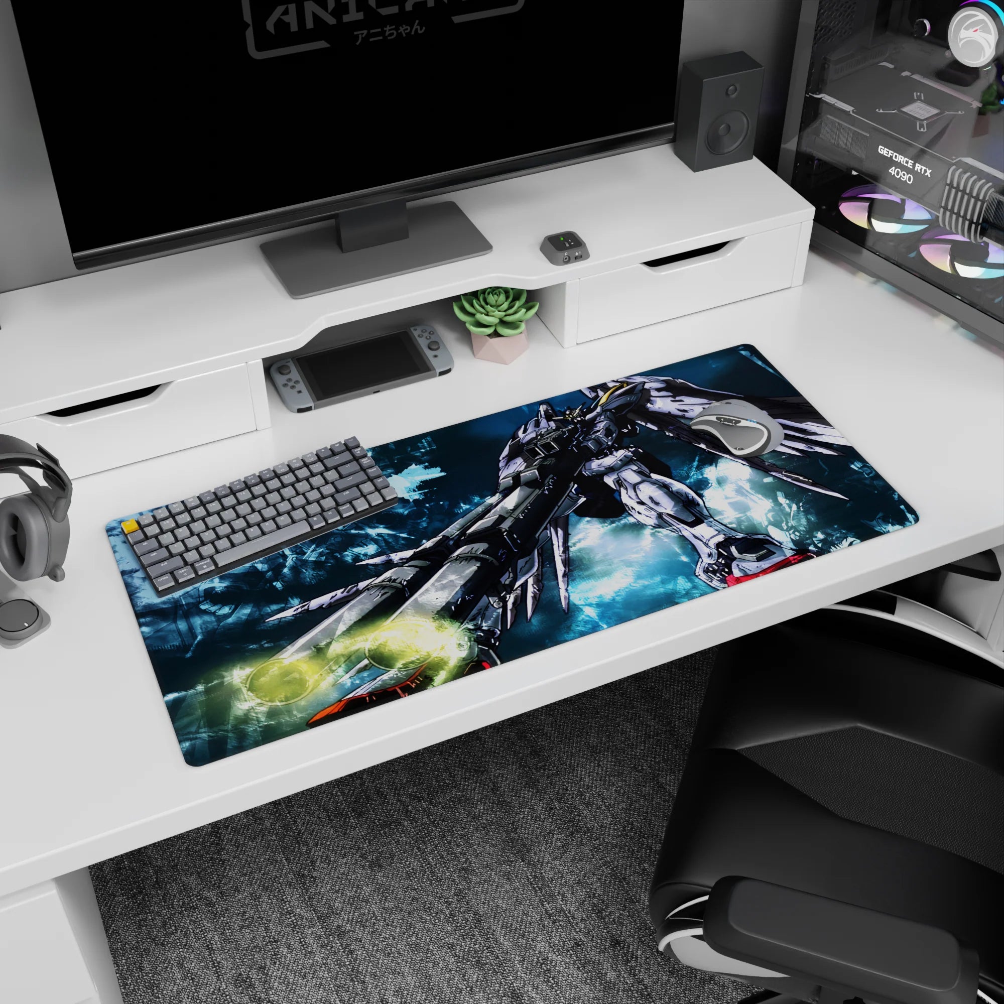 36x16 inches anime desk pad showing Gundam Wing Zero aiming twin blasters at the desk, cannons lit like suns.