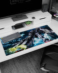 36x16 inches anime desk pad showing Gundam Wing Zero aiming twin blasters at the desk, cannons lit like suns.