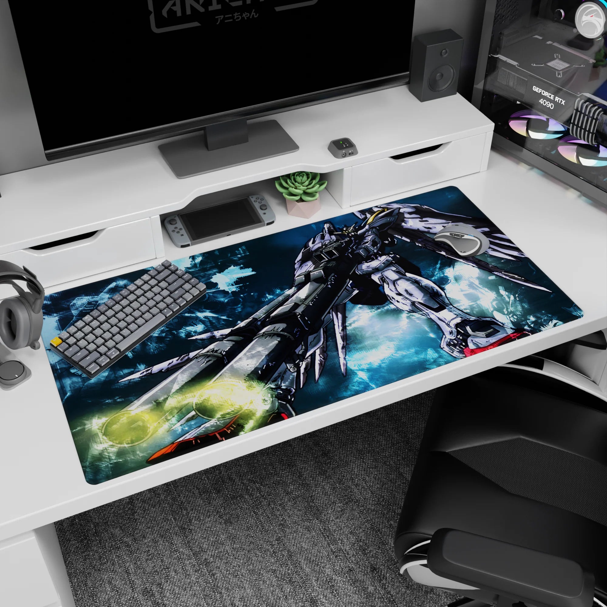 Gundam Wing Zero aiming twin blasters at the desk on an anime desk pad 40x20 inches, wings spread wide.