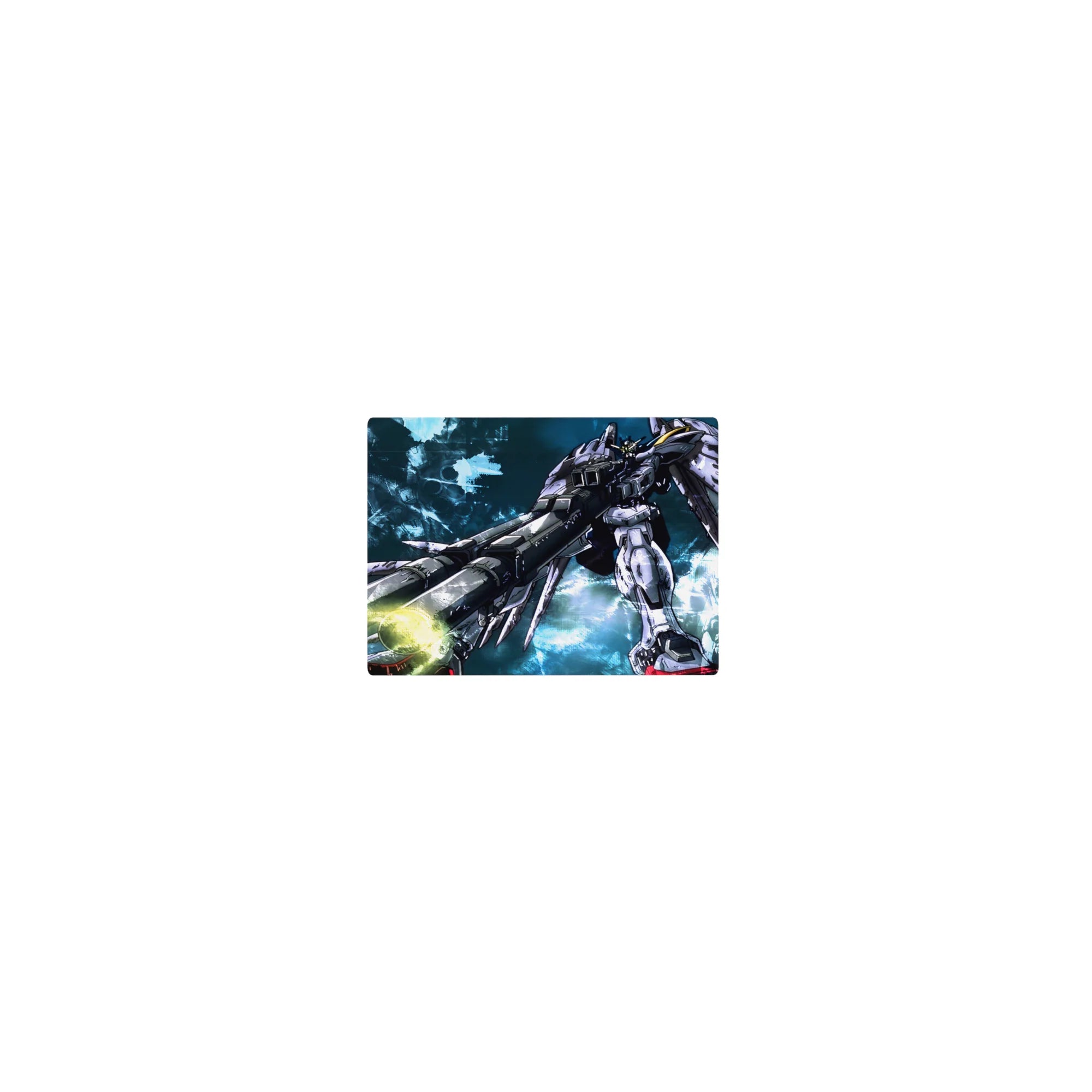 Classic anime mouse pad 14x10 inches with Wing Zero mech, flared wings, glowing cannons, inked shadows.