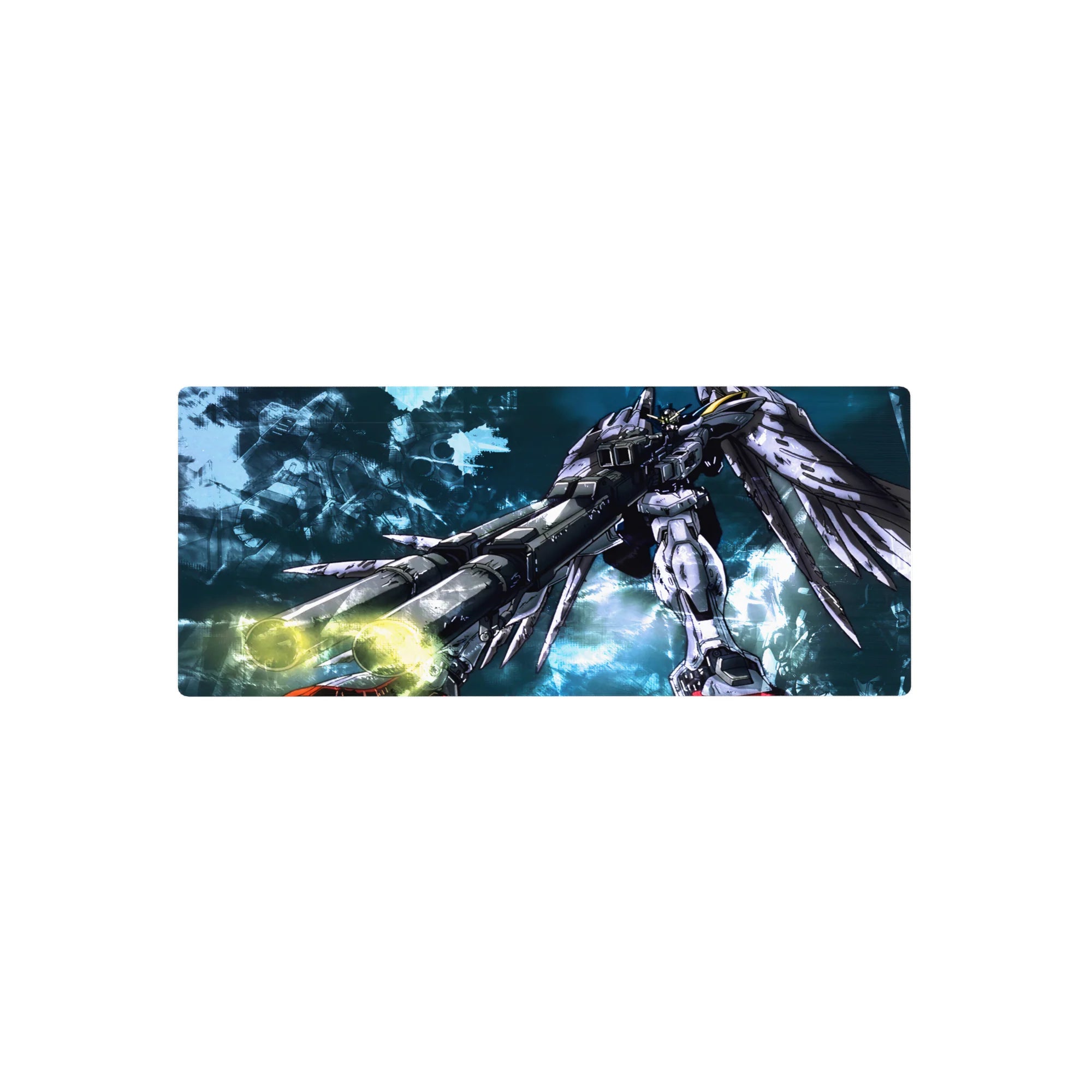 28x12 inches anime mouse pad with Wing Zero mech, flared wings, glowing cannons, inked armor detail.
