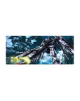 28x12 inches anime mouse pad with Wing Zero mech, flared wings, glowing cannons, inked armor detail.