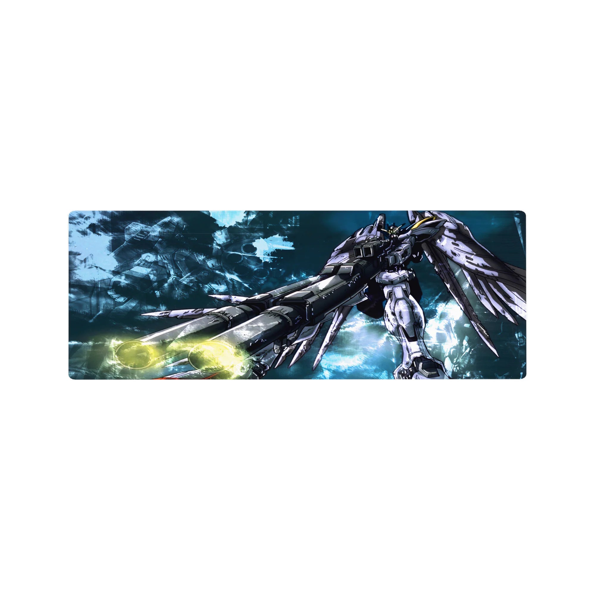 32x12 inches anime mouse pad featuring Wing Zero Gundam with flared wings, glowing cannons, and scuffed armor.