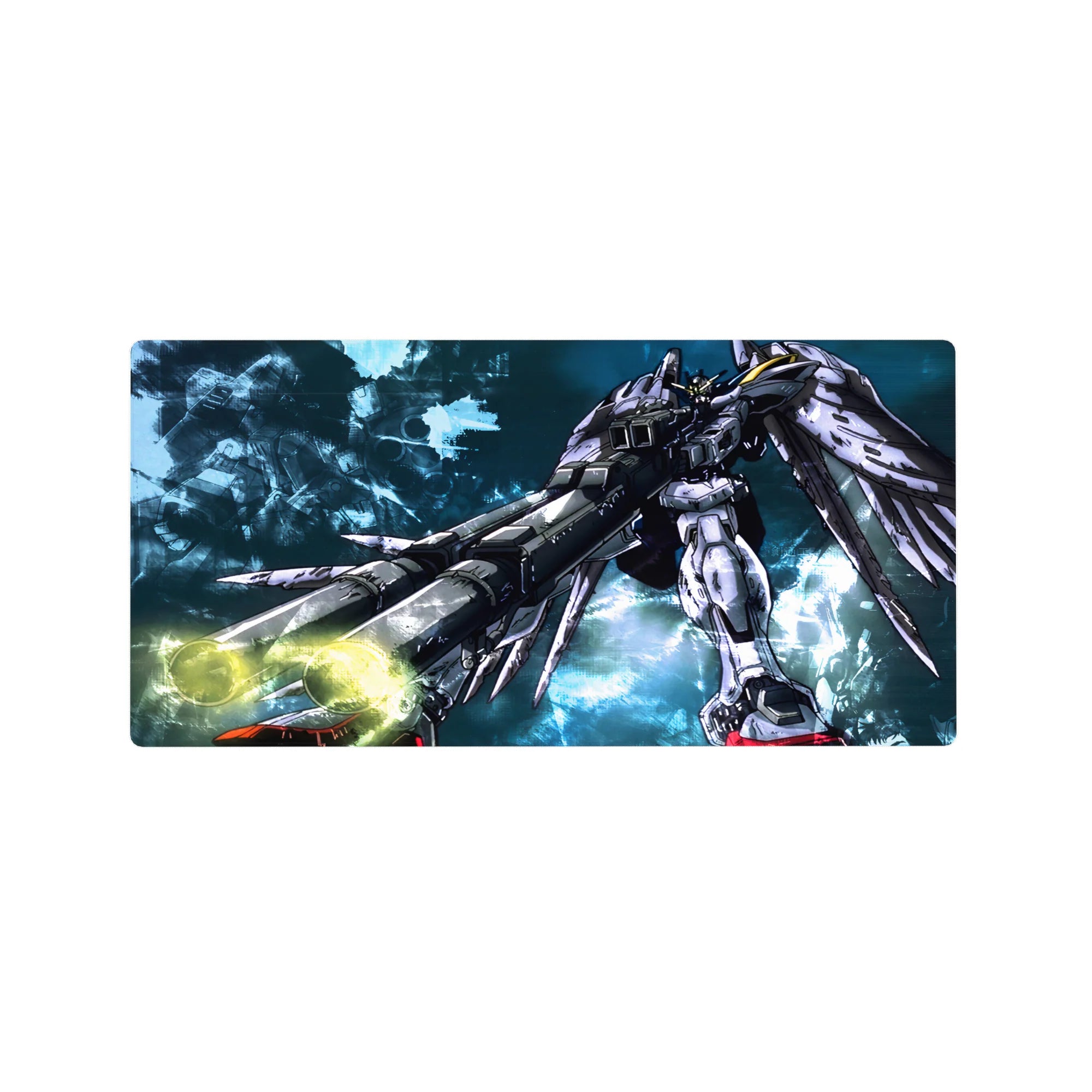 32x16 inches anime mouse pad with Wing Zero mecha, flared wings, glowing cannons, and scuffed white armor.