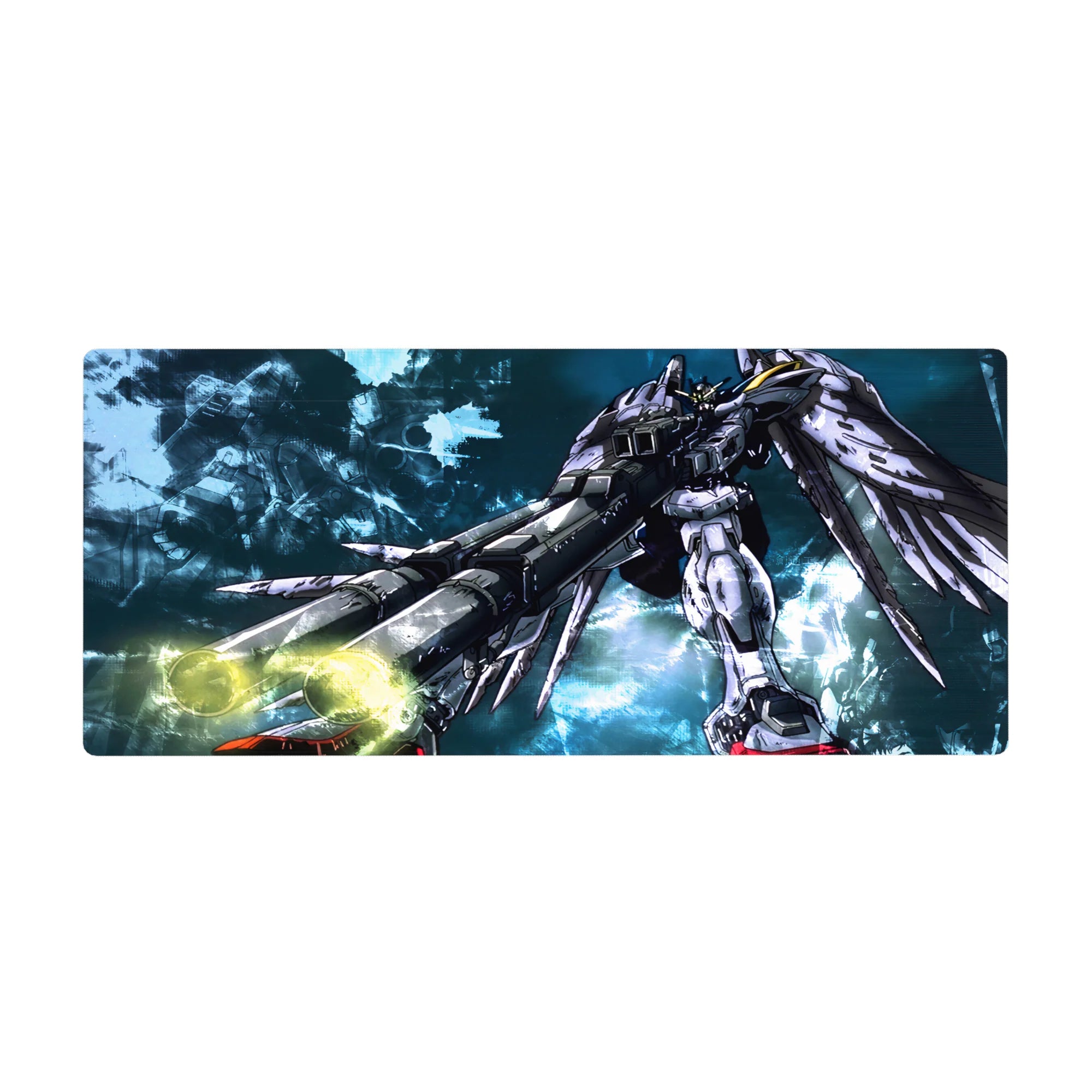36x16 inches anime desk pad with Wing Zero mecha, flared wings, glowing cannons, and battle-scuffed armor.