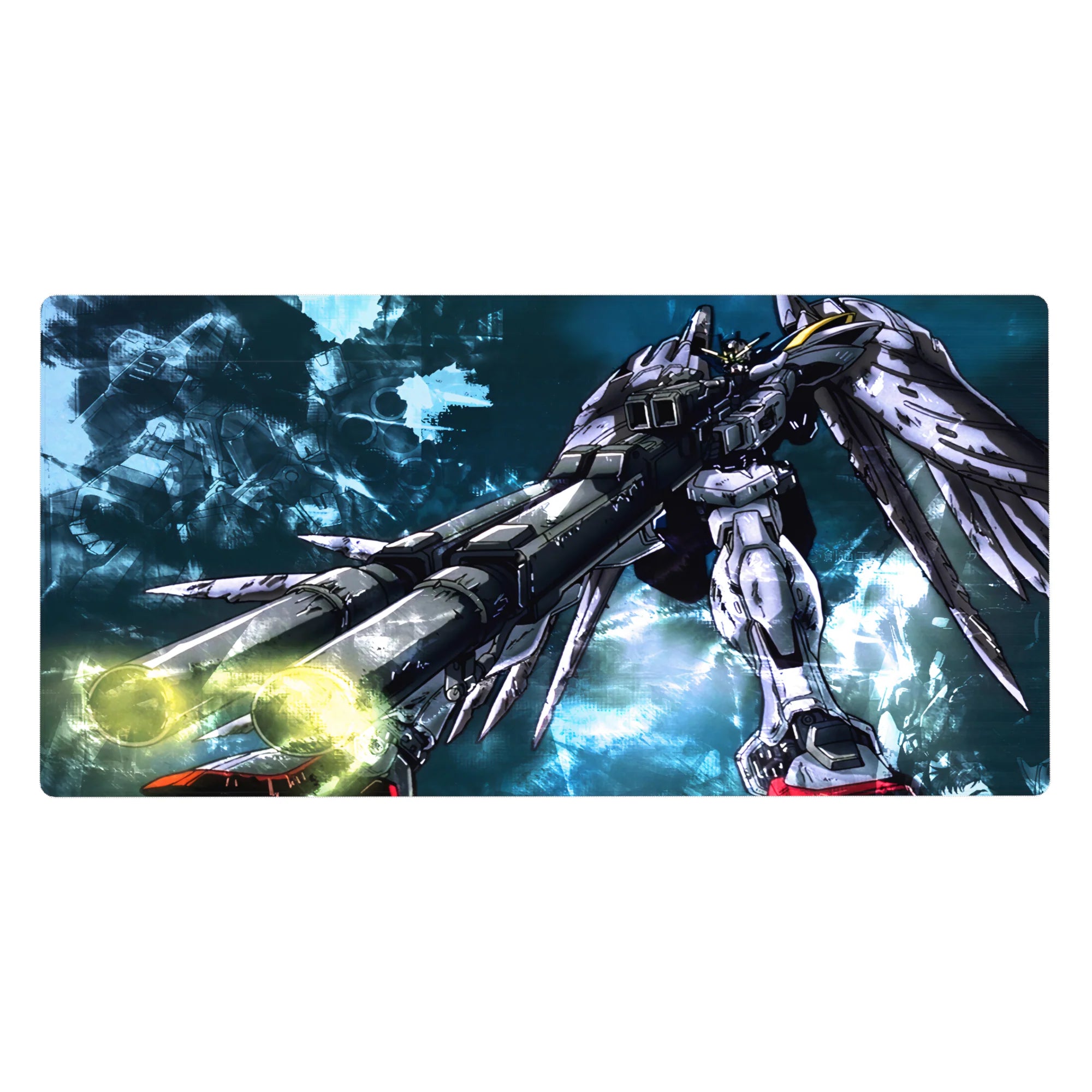 Gundam Wing Zero anime desk pad 40x20 inches with flared wings, glowing cannons, and scuffed white armor.