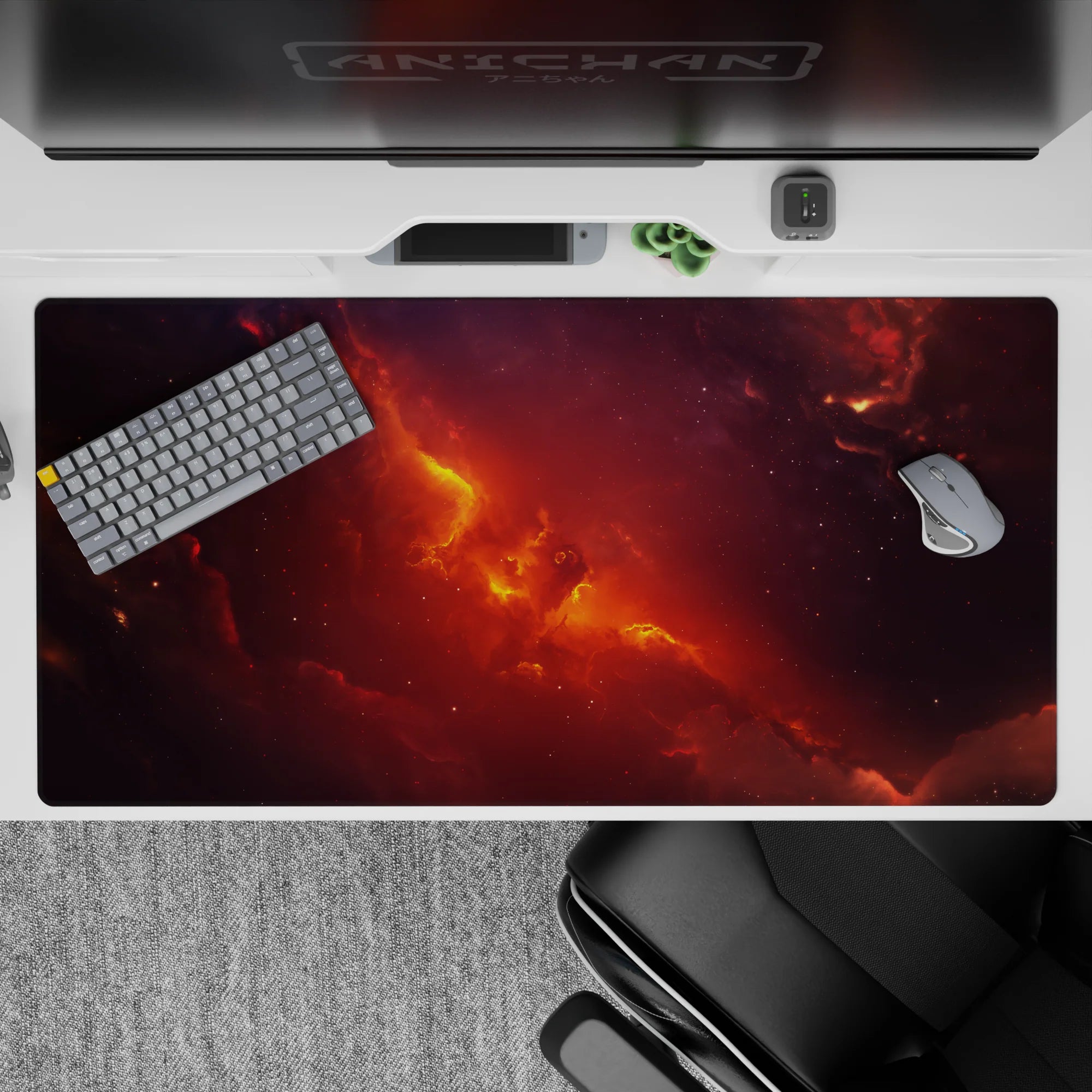 Warm deep space reds and burnt orange desk pad 40x20 inches, calm fiery glow for focus.