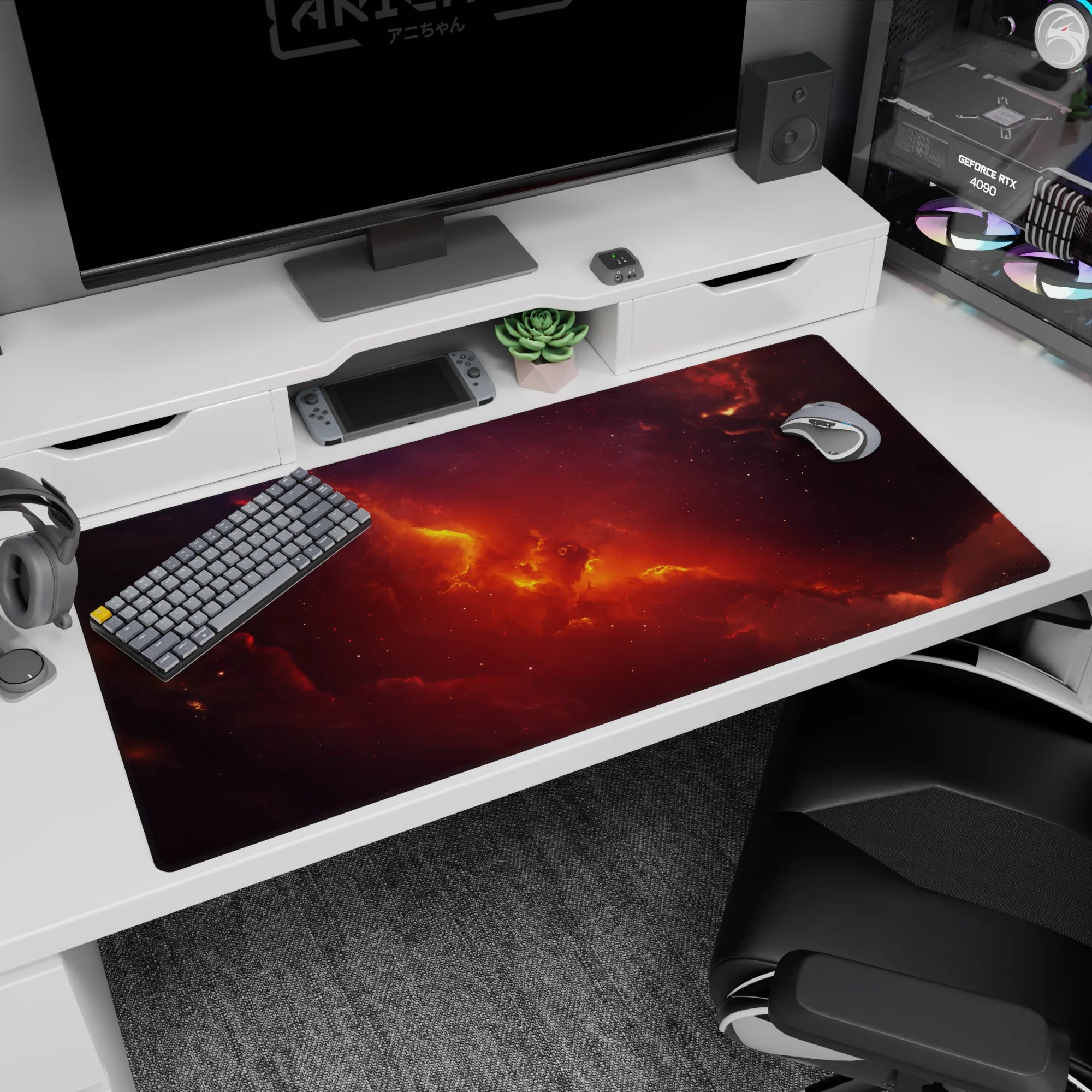 Fiery cosmic cloud scene desk pad 40x20 inches with swirling nebula and scattered stars.