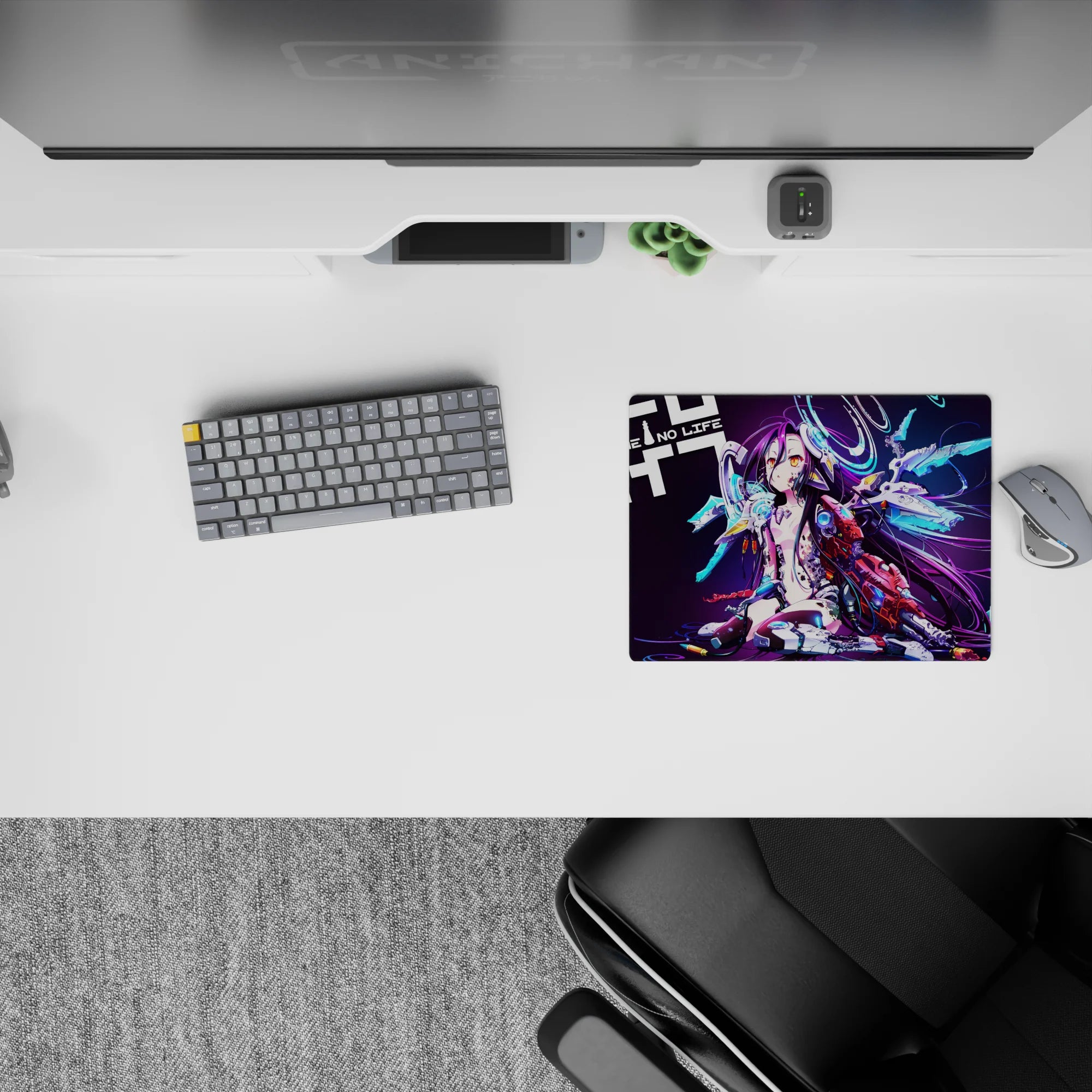 Moody violet 14x10 inches anime mouse pad in cyan glow and purple tones, arcade-lit cyber vibe.