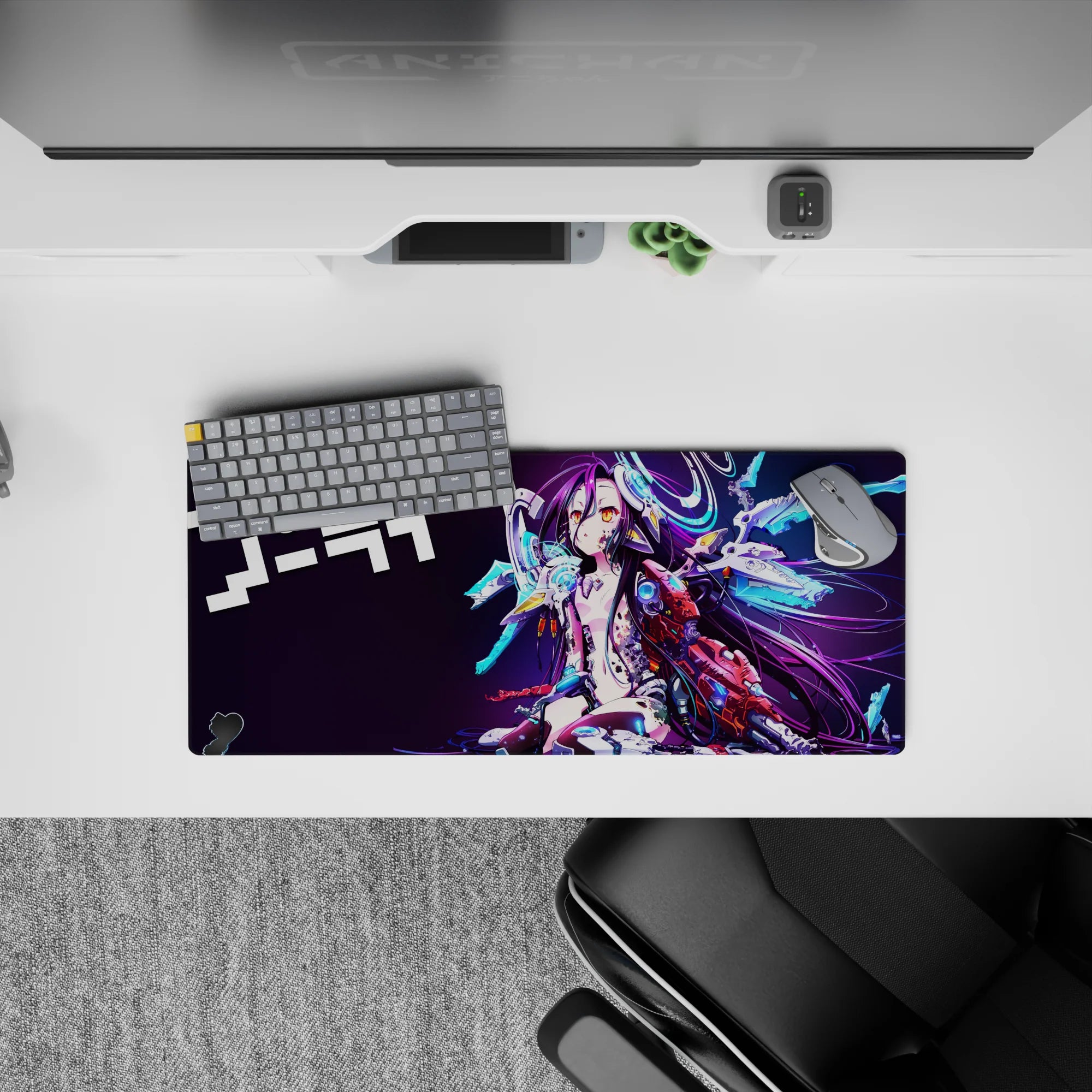 28x12 inches anime girl mouse pad in dark violet with cyan glow accents, purple hair, and gold eyes.