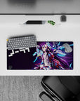 28x12 inches anime girl mouse pad in dark violet with cyan glow accents, purple hair, and gold eyes.