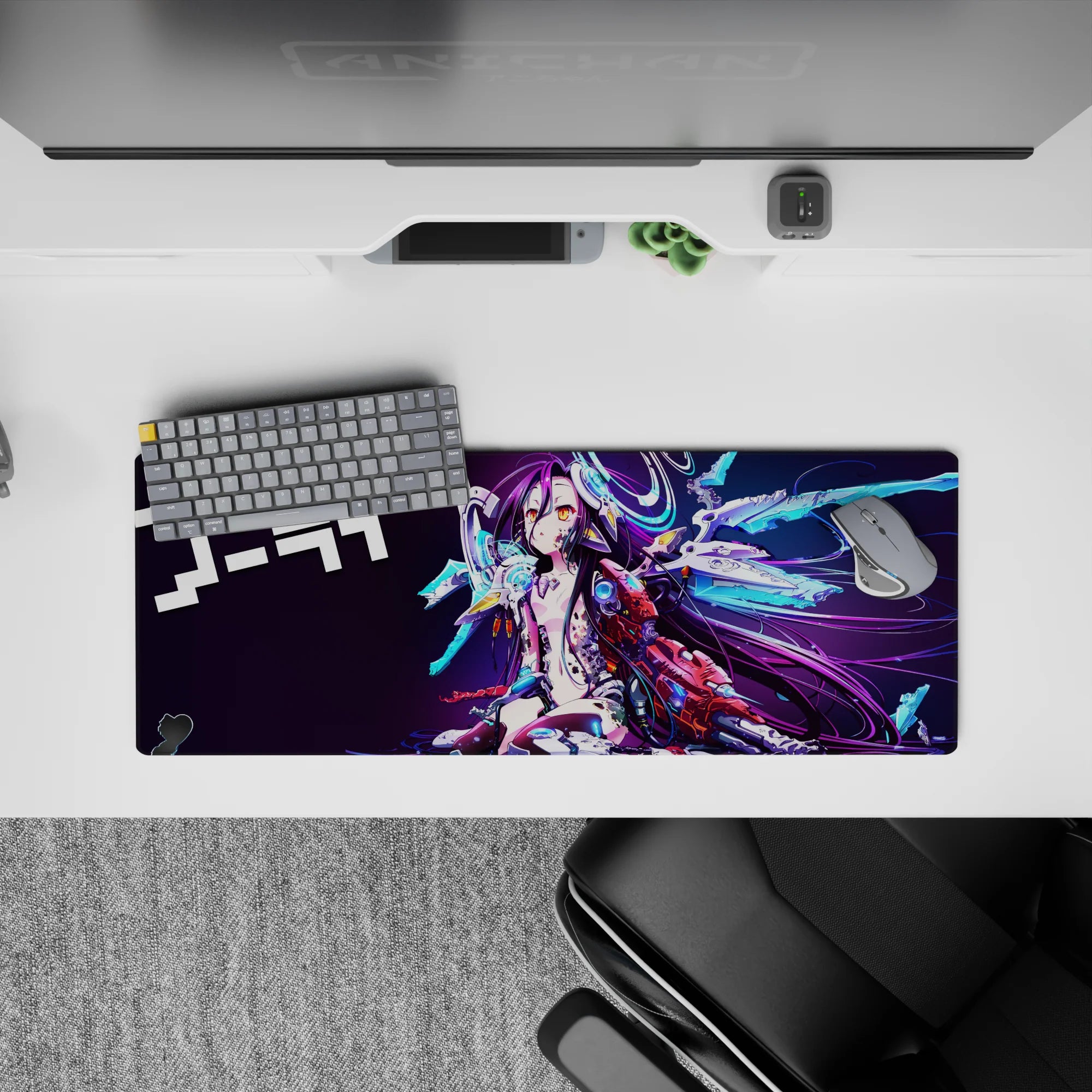 32x12 inches neon purple and cyan anime desk mat, moody violet backdrop with electric arcade glow.