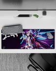 32x12 inches neon purple and cyan anime desk mat, moody violet backdrop with electric arcade glow.