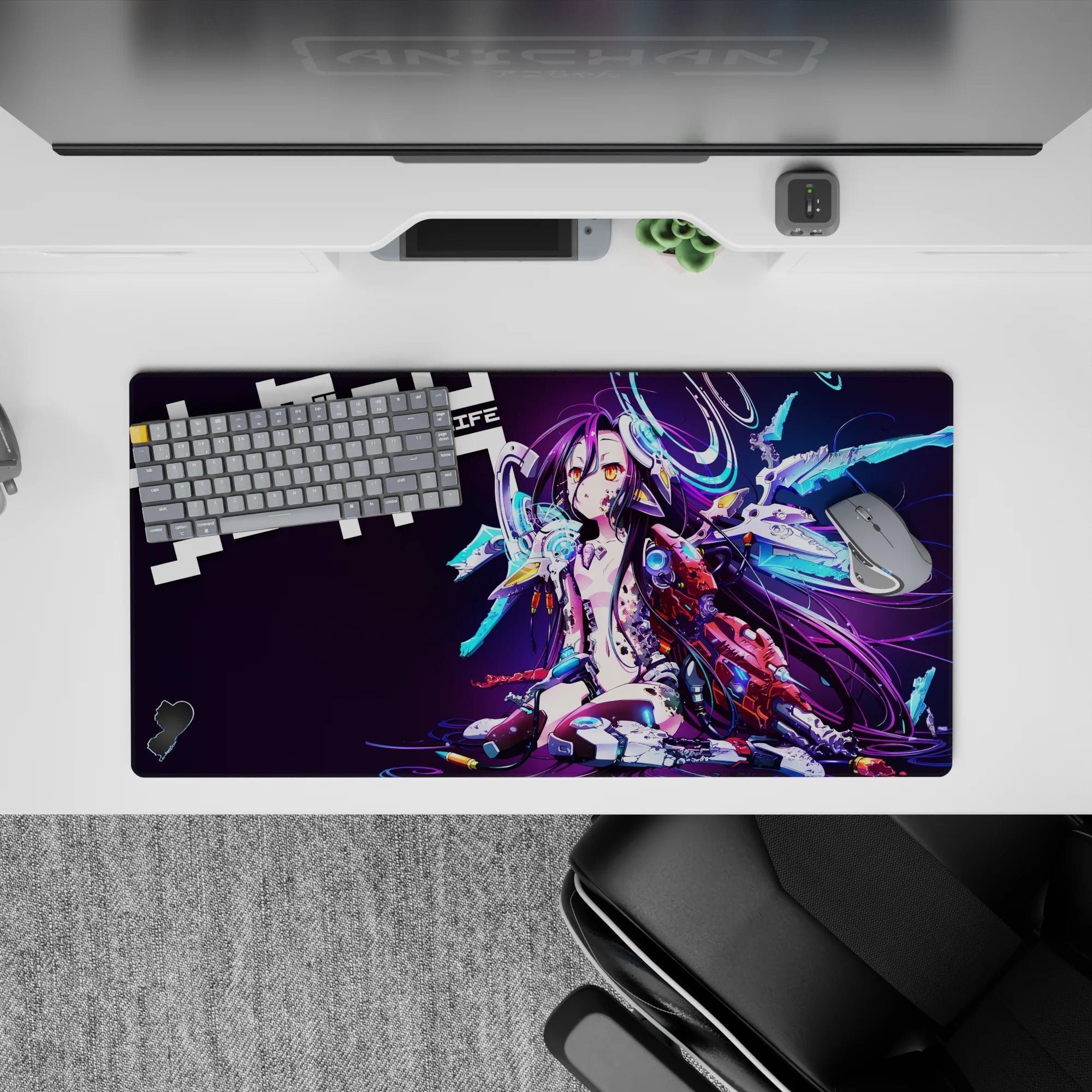 32x16 inches neon purple and cyan desk mat, moody dark violet background with electric arcade glow anime art.