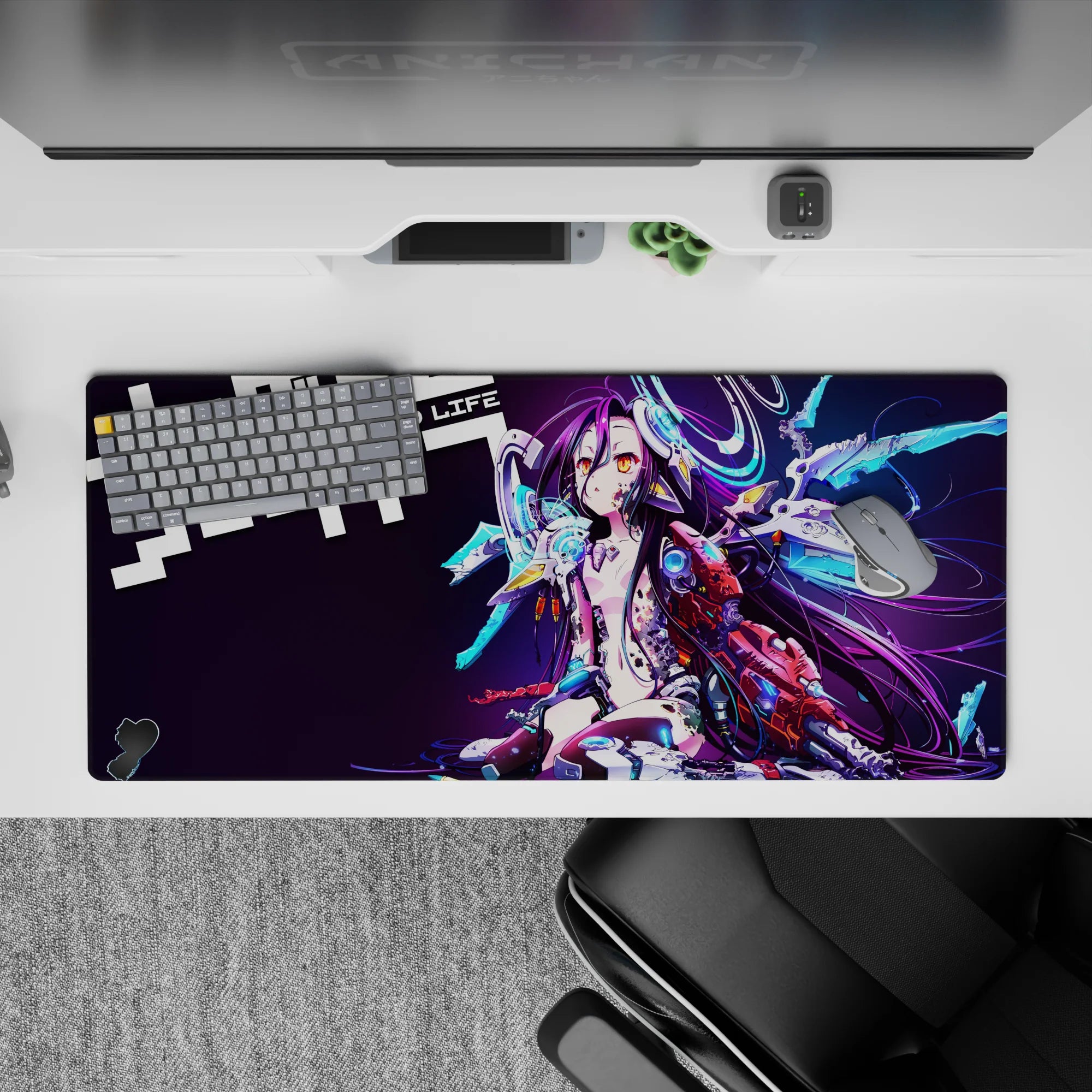 Dark violet moody desk pad in purple and cyan neon glow, arcade vibe, 36x16 inches.