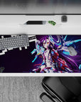Dark violet moody desk pad in purple and cyan neon glow, arcade vibe, 36x16 inches.