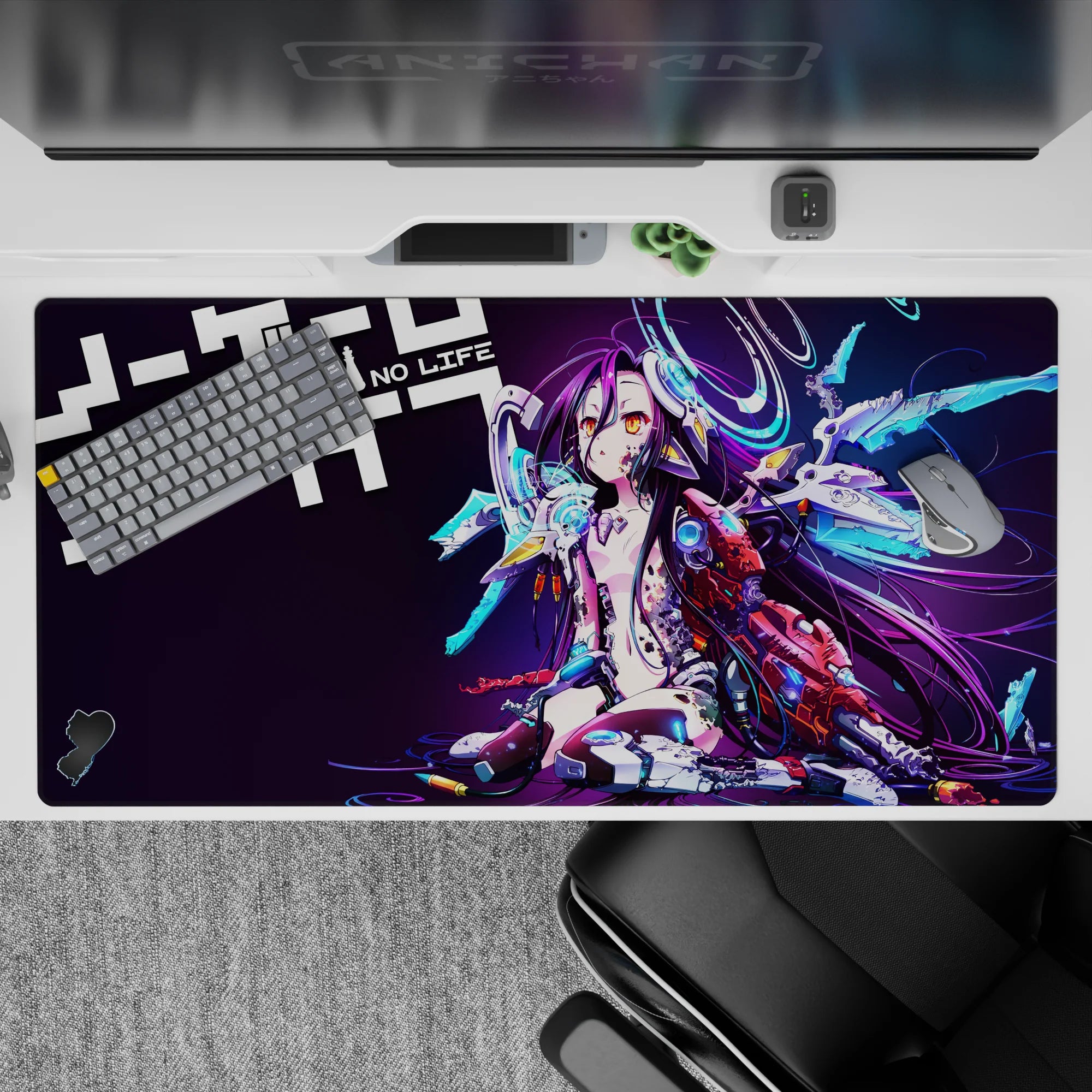 40x20 inches desk pad in moody dark violet with electric cyan glow, gold eyes, and purple ink-like hair.
