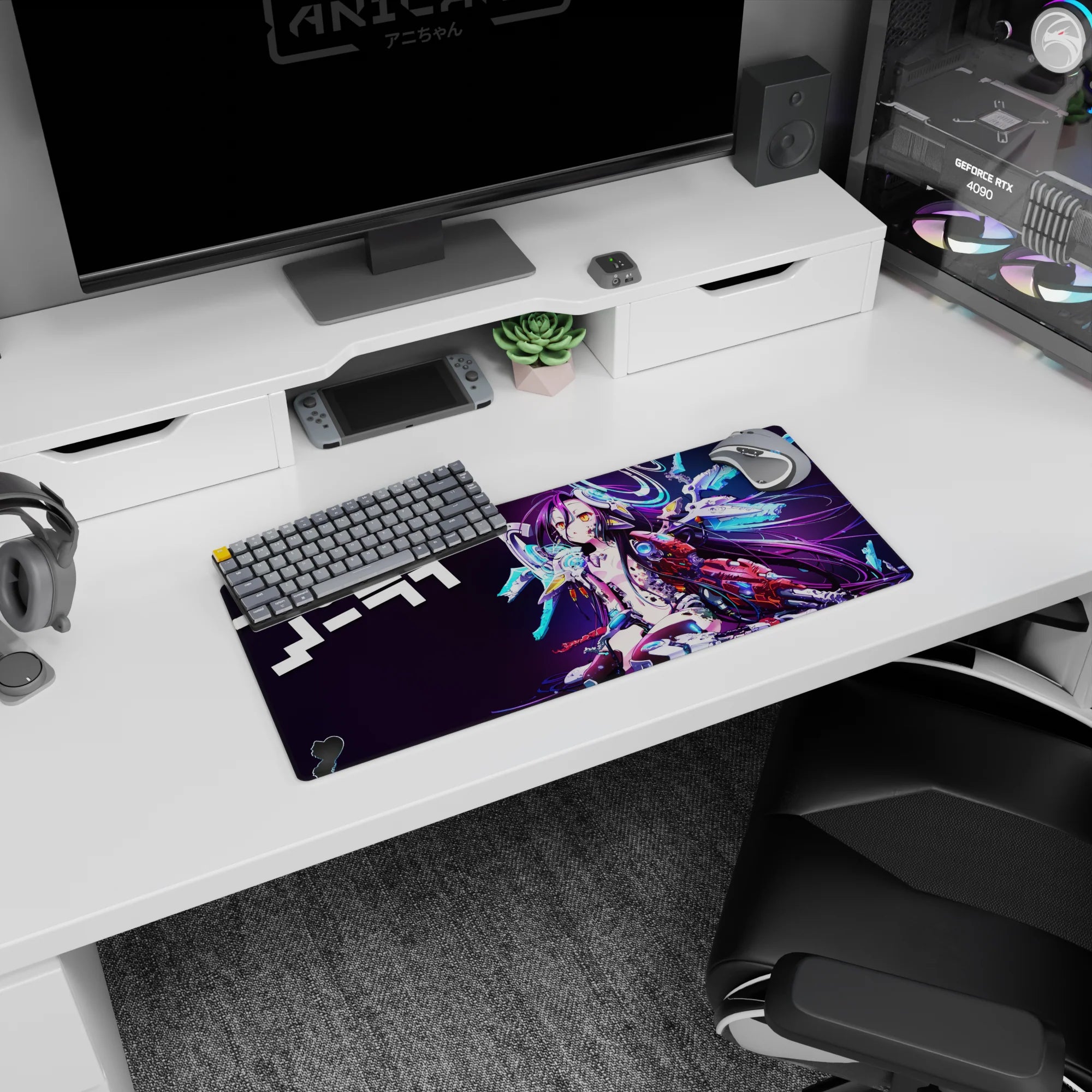 28x12 inches No Game No Life Shiro mouse pad lounging in neon cyber chaos with orbiting headset rings.