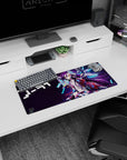 28x12 inches No Game No Life Shiro mouse pad lounging in neon cyber chaos with orbiting headset rings.