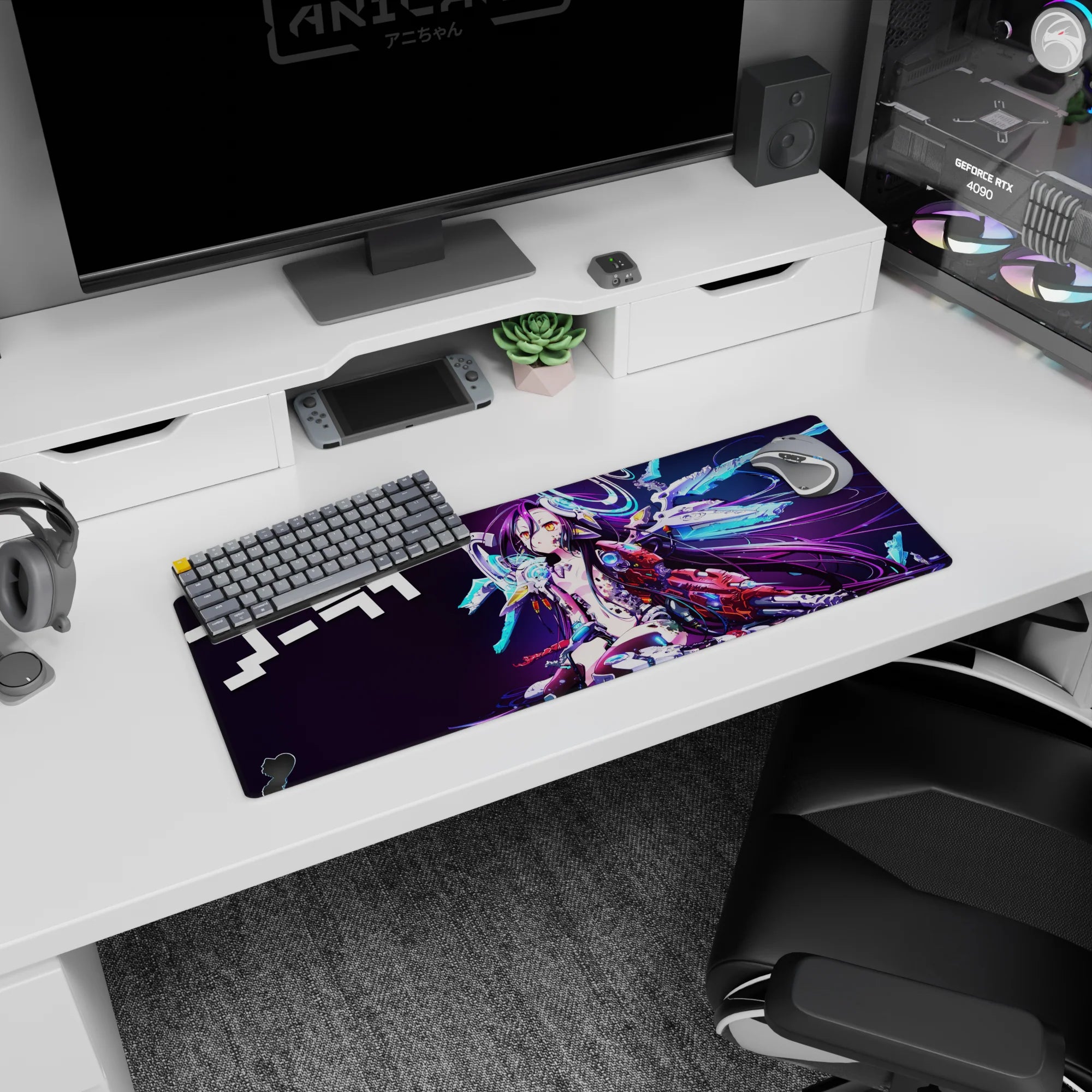 32x12 inches Shiro No Game No Life mouse pad, purple hair, gold eyes, cyan rings, blade-like wings.