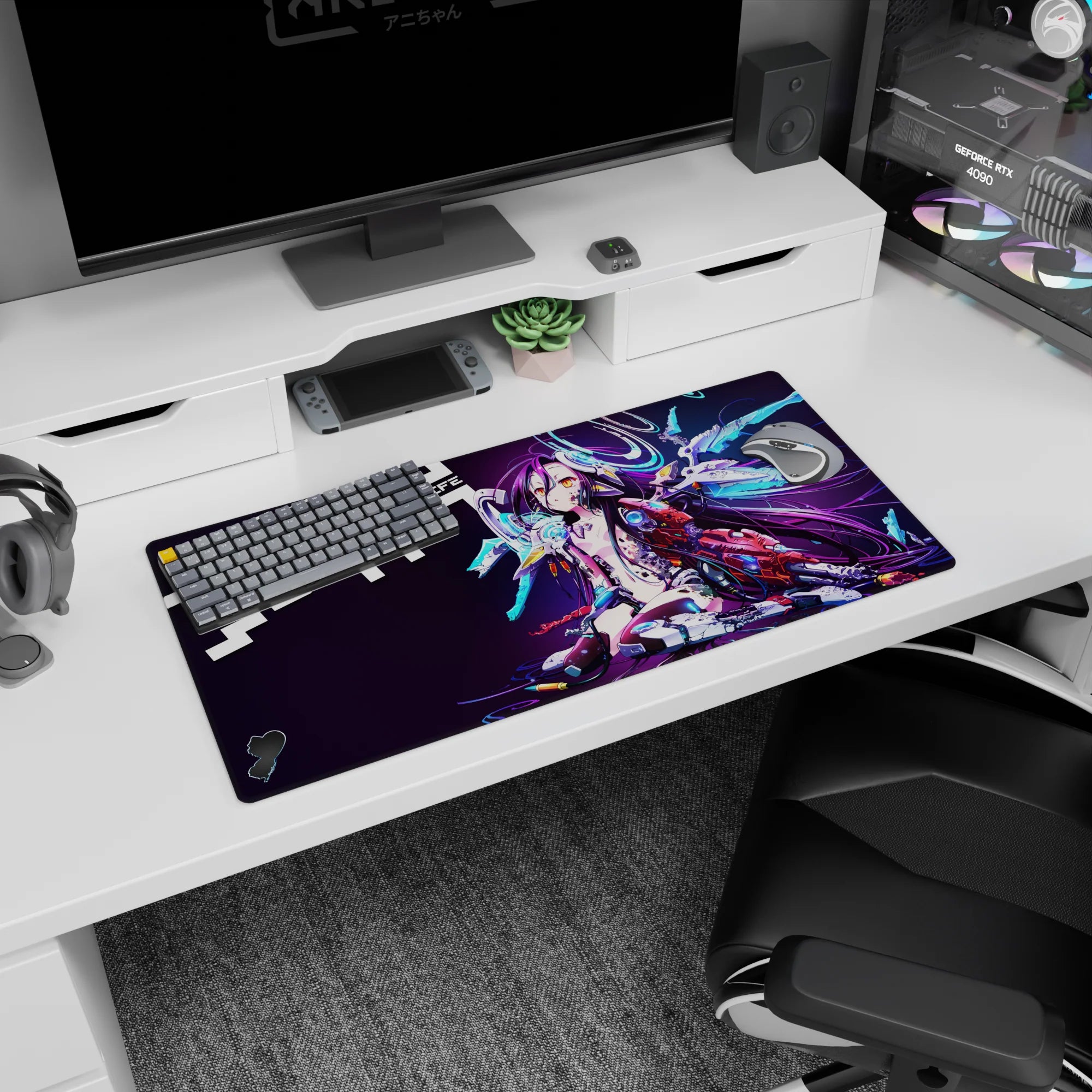 32x16 inches Shiro No Game No Life mouse pad, lounging with purple hair, gold eyes, and glowing headset rings.