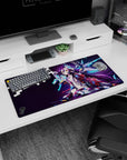 32x16 inches Shiro No Game No Life mouse pad, lounging with purple hair, gold eyes, and glowing headset rings.
