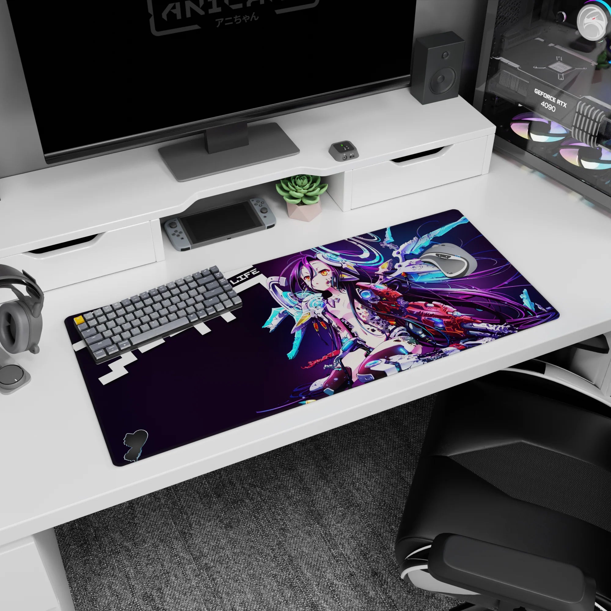 Shiro from No Game No Life lounging in cyber chaos with gold eyes and purple hair, 36x16 inches.