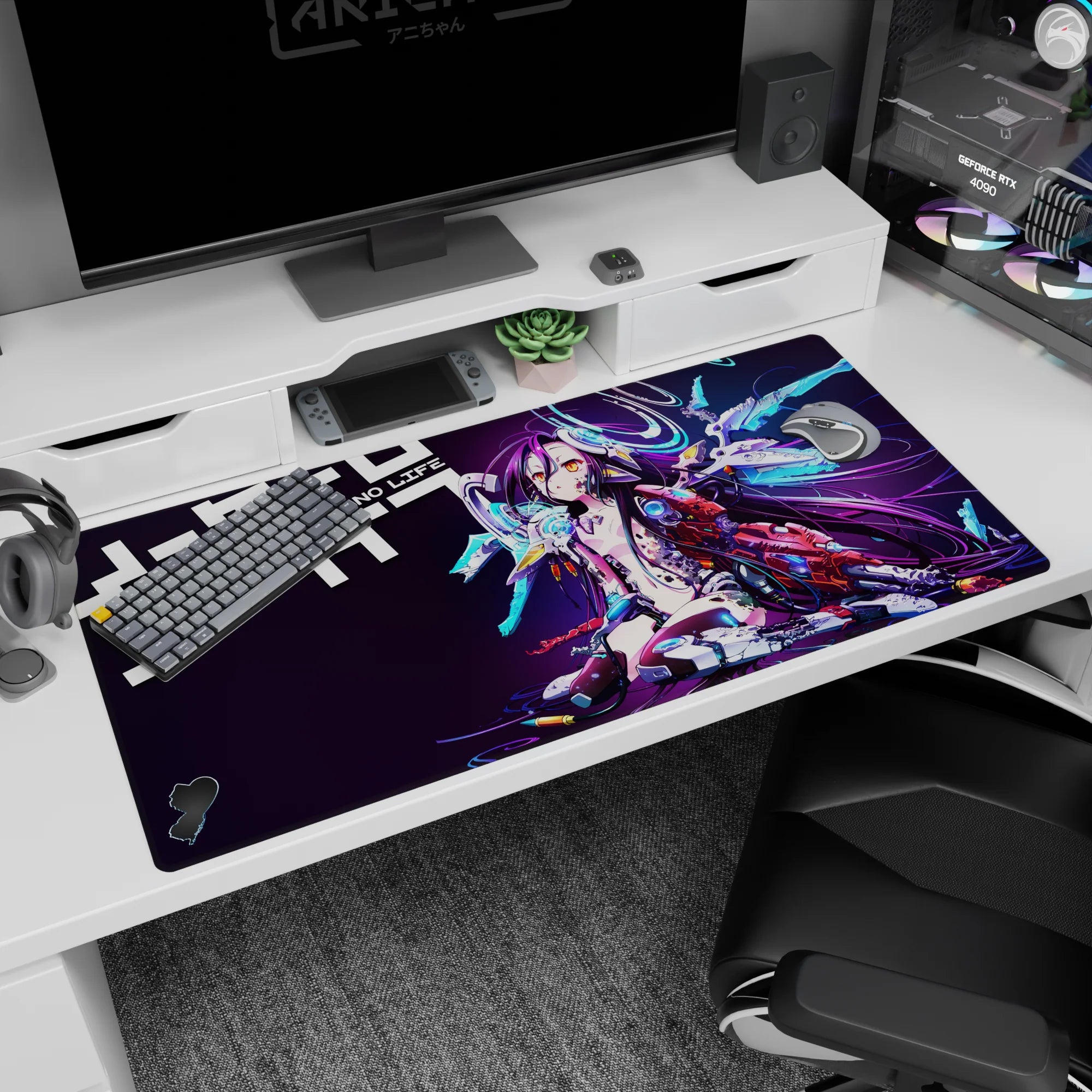 40x20 inches Shiro No Game No Life desk pad lounging in neon cyber chaos with gold eyes and orbiting rings.
