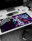 40x20 inches Shiro No Game No Life desk pad lounging in neon cyber chaos with gold eyes and orbiting rings.
