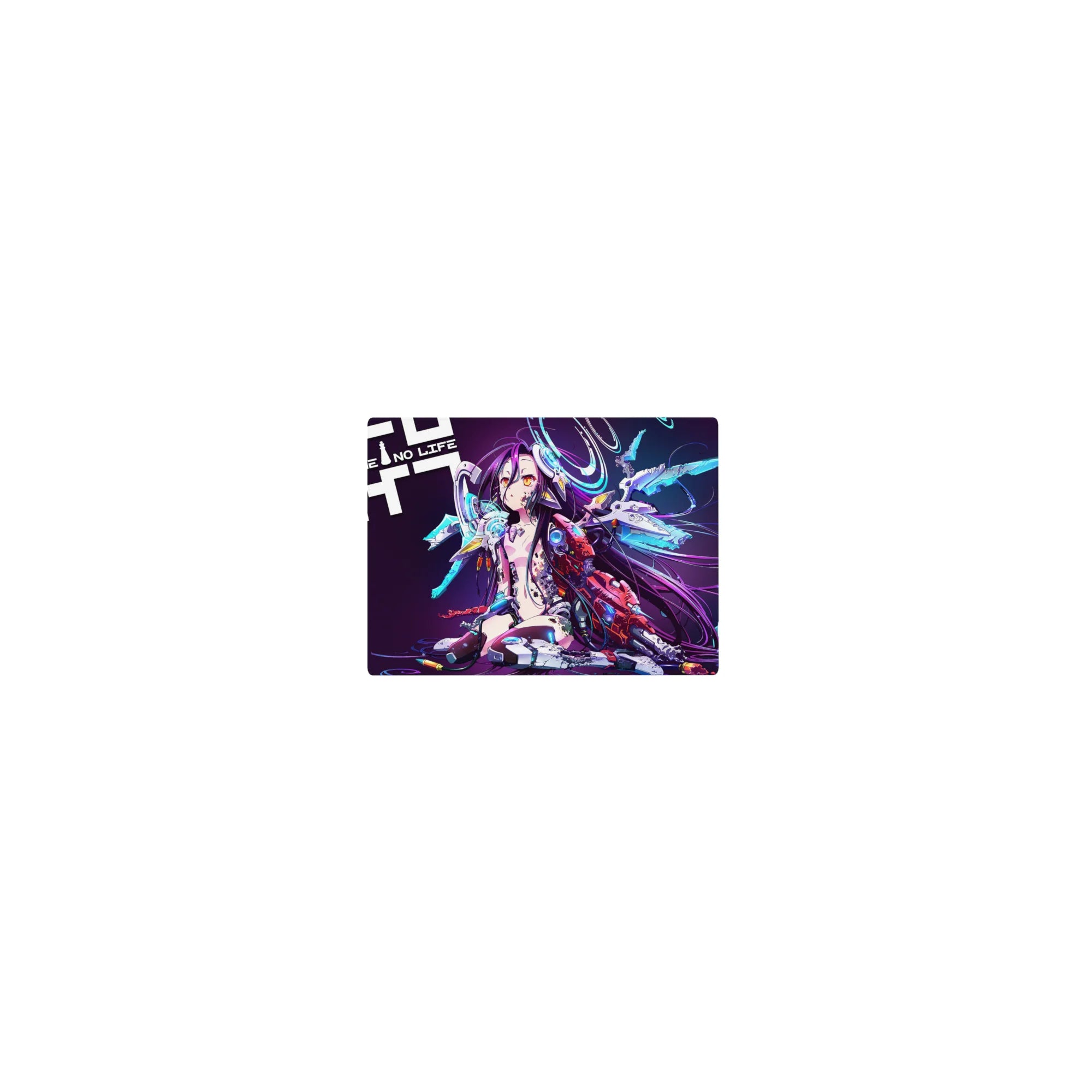 Classic anime girl mouse pad 14x10 inches with cyber neon headset rings and shattered wing blades.