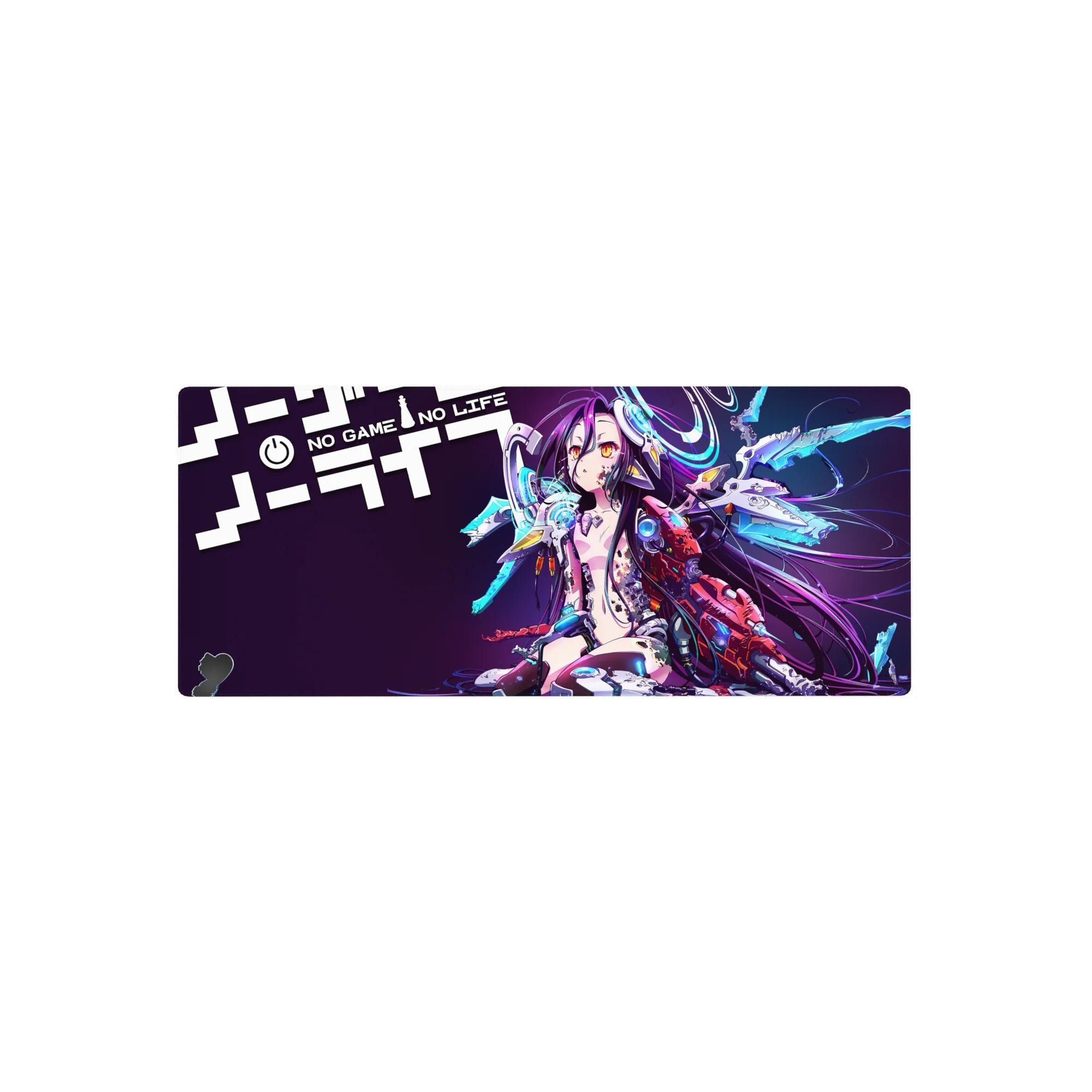 28x12 inches anime girl mouse pad with cyber neon Shiro, headset rings, and wing-like blades design.