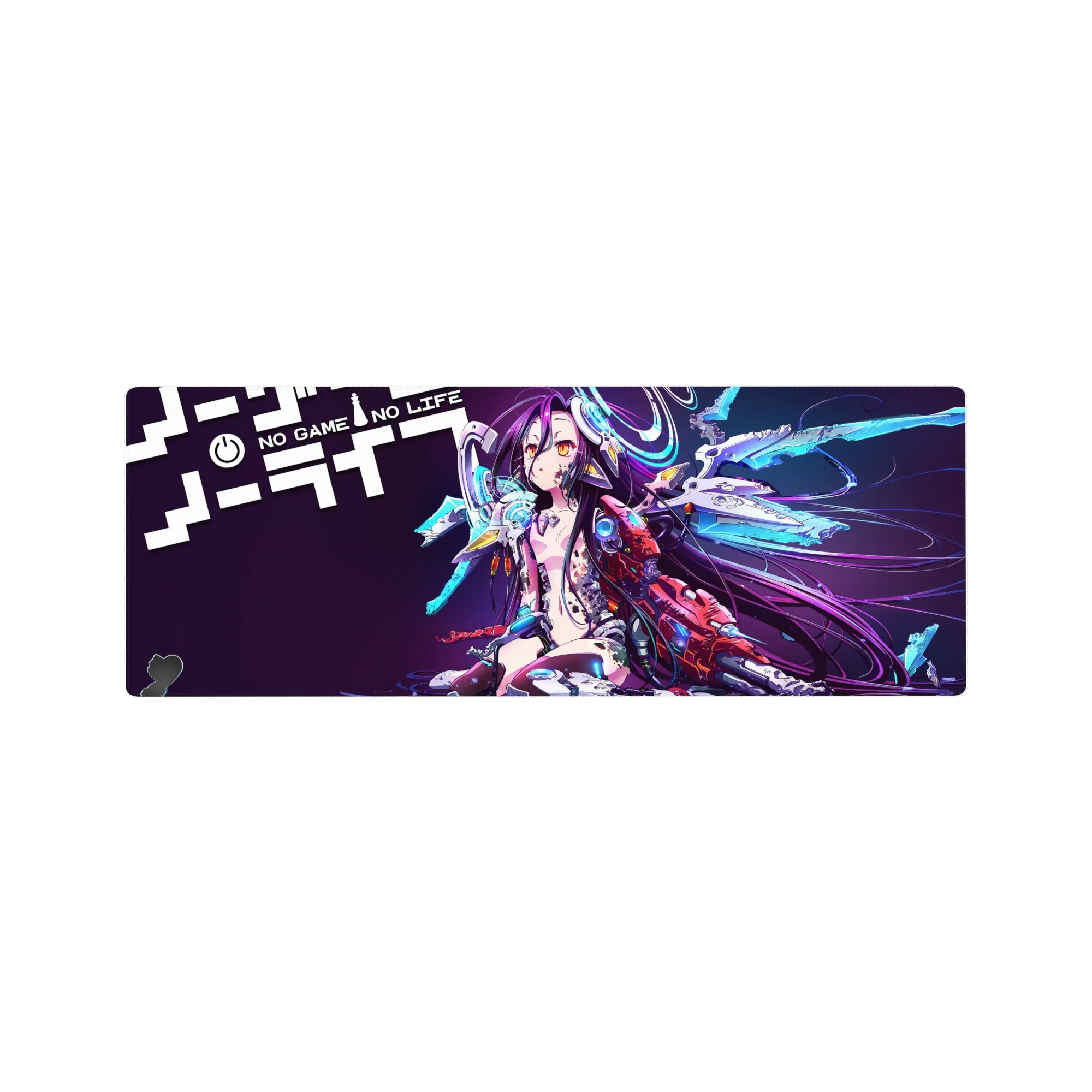 32x12 inches anime girl mouse pad with cyber neon design, headset rings, and shattered wing blades.