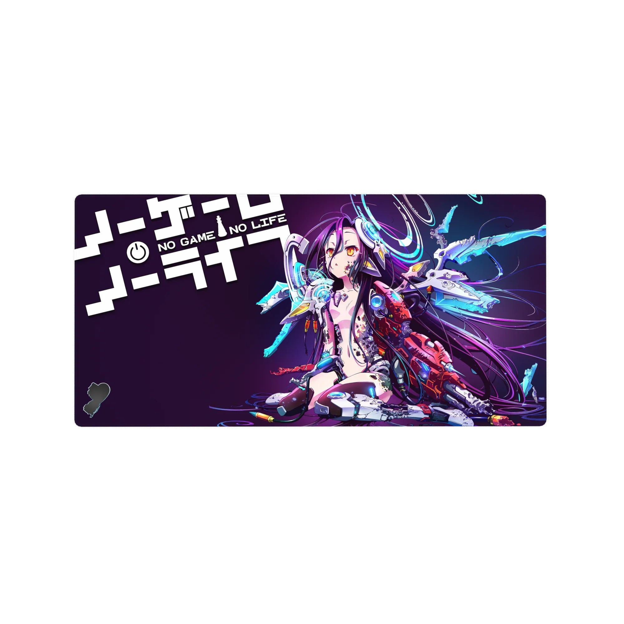 32x16 inches anime girl mouse pad with cyber neon headset, cyan rings, and shattered wing blades on violet.