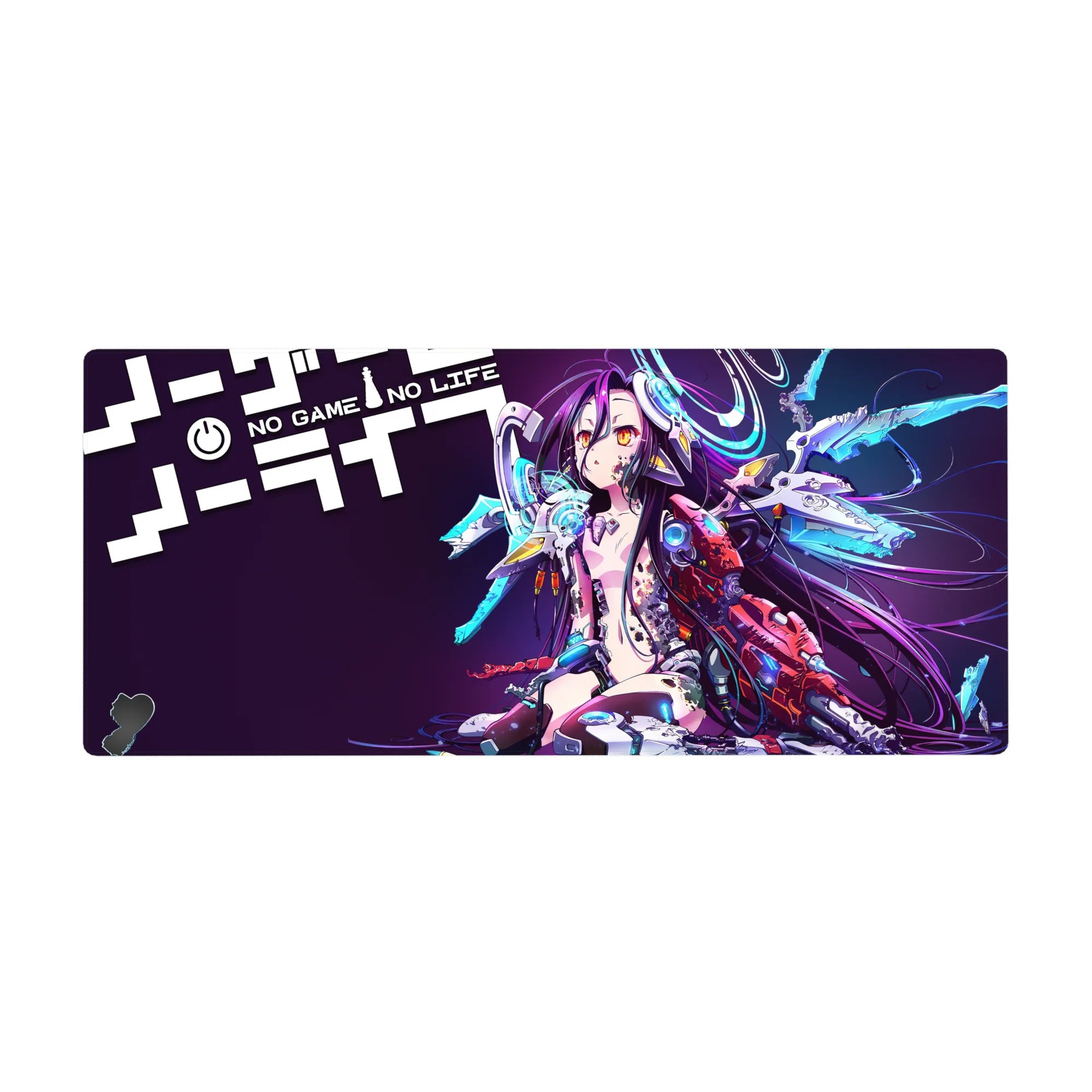 Cyber neon anime girl desk pad with headset, cyan rings, and wing-like shards, 36x16 inches.