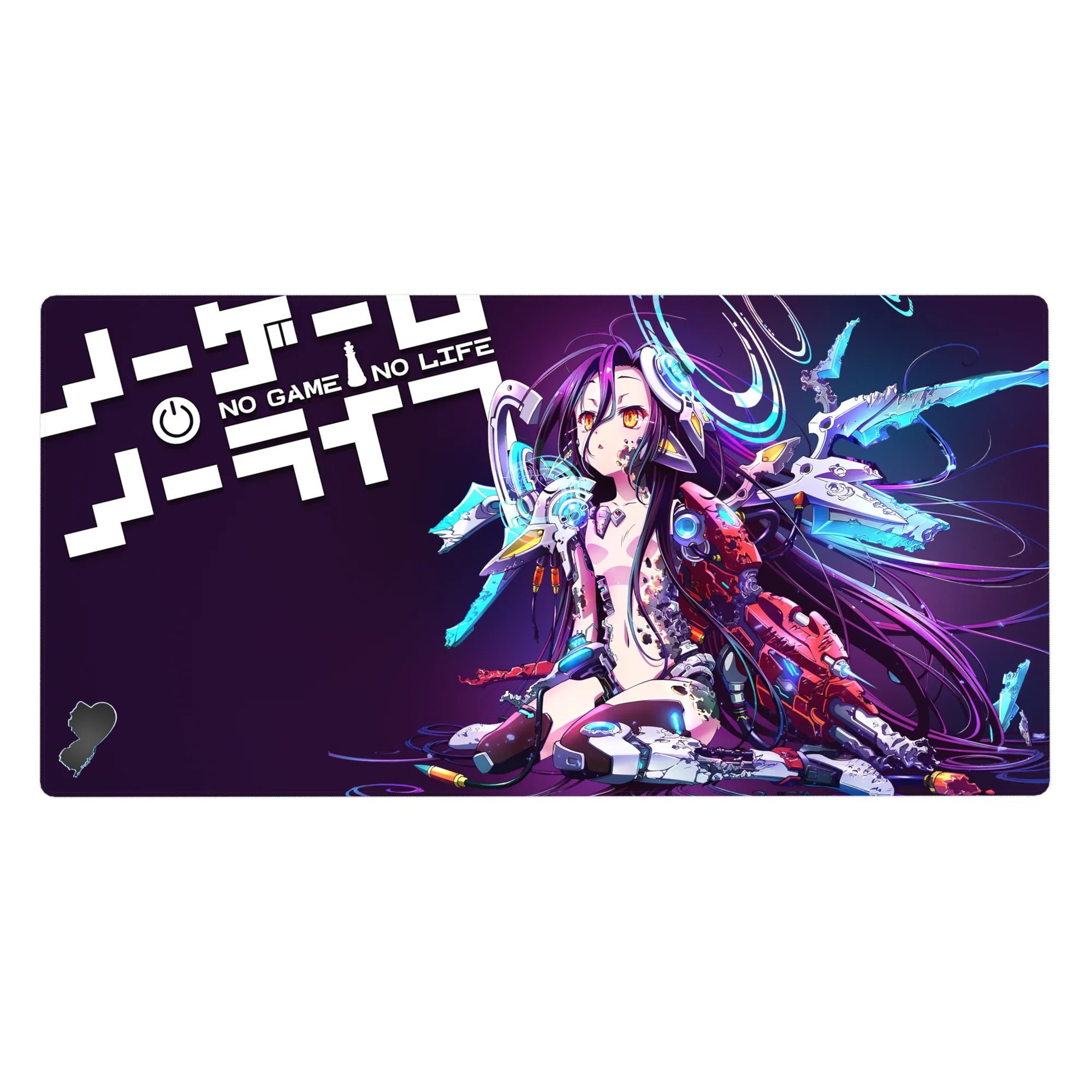40x20 inches anime girl desk pad with cyber neon headset, cyan rings, and shattered wing blades on violet.