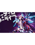 40x20 inches anime girl desk pad with cyber neon headset, cyan rings, and shattered wing blades on violet.