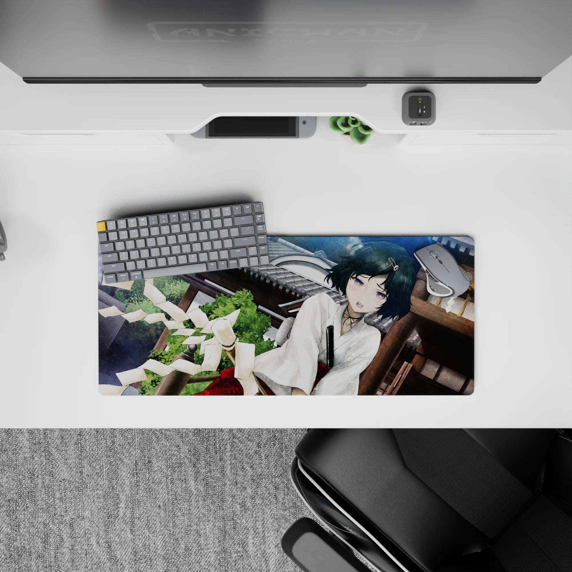 Cute calming 28x12 inches anime mouse pad in cool teal and sky tones, rich colors, soft flustered vibe.