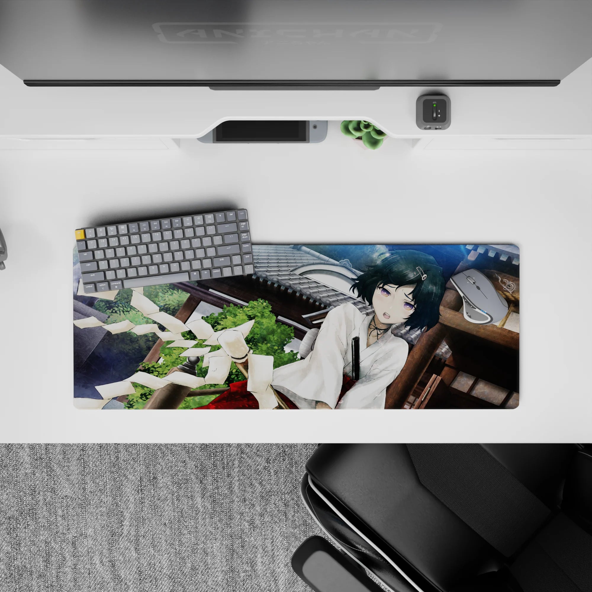 32x12 inches anime girl mouse pad in cool teal and sky tones, calm cute chaos, rich colors all day.